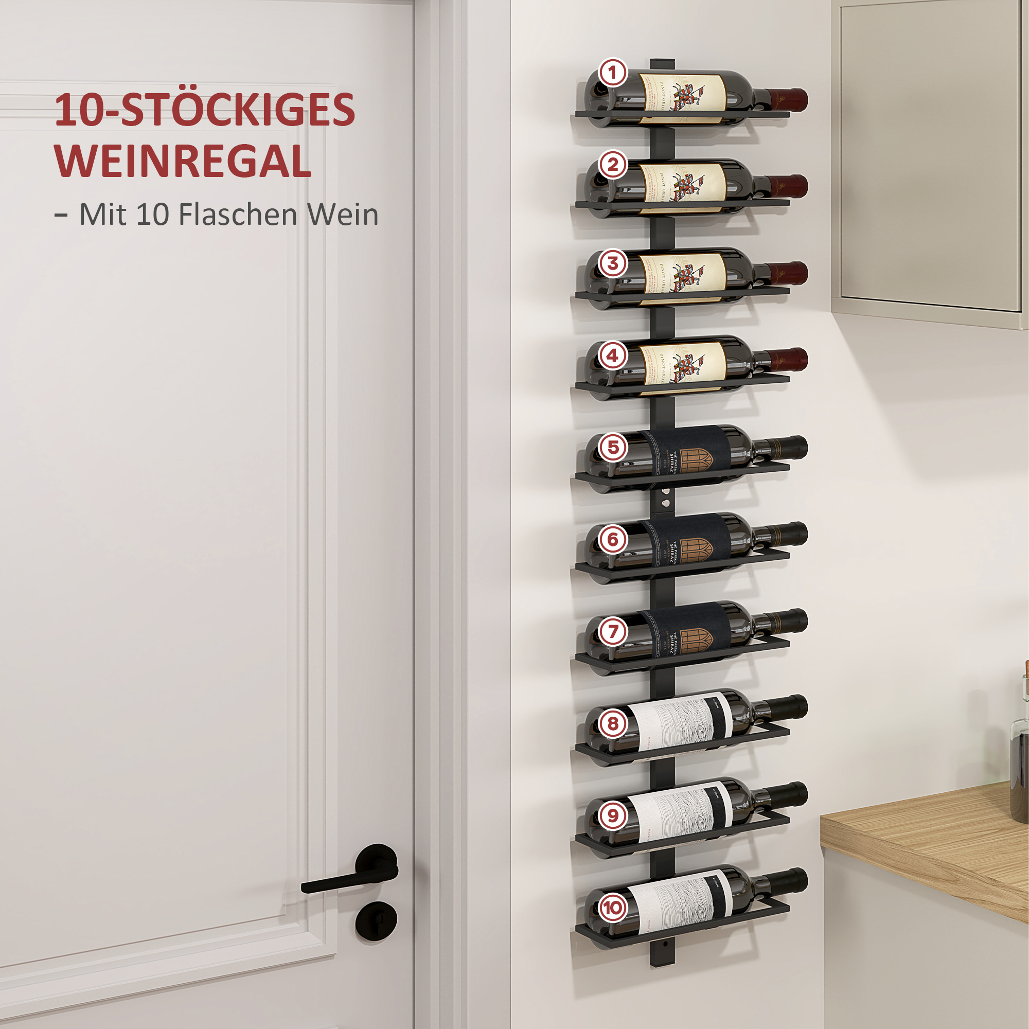 Weinregal, Wandregal für 10 Flaschen Wein, 10 Ebenen, Metall, für Küche, Wohnzimmer, Hausbar, Schwarz