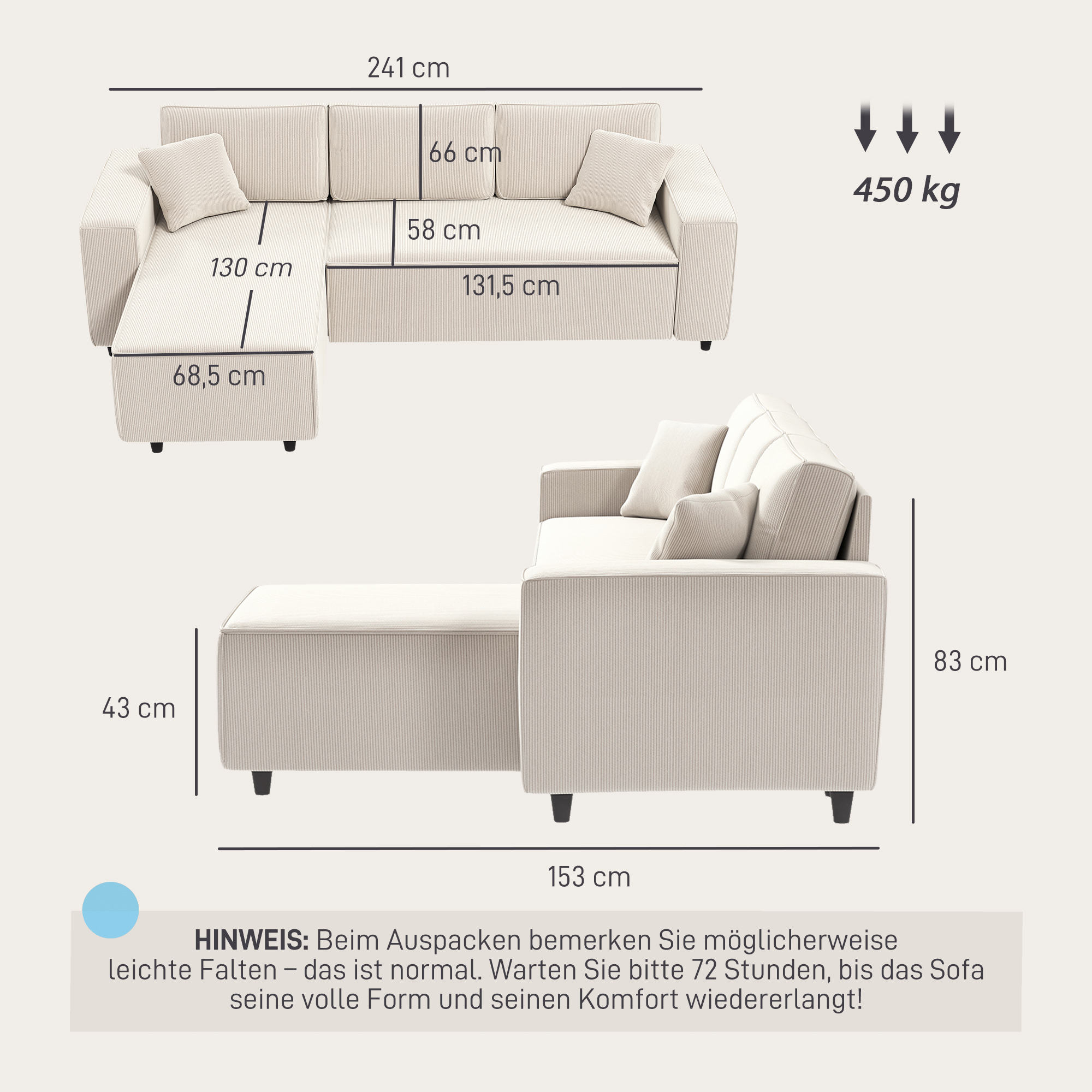 3-Sitzer-Sofa mit Chaiselongue, Wohnzimmercouch mit Cordbezug, 2 Extra-Kissen, Polstersofa, Cremeweiß