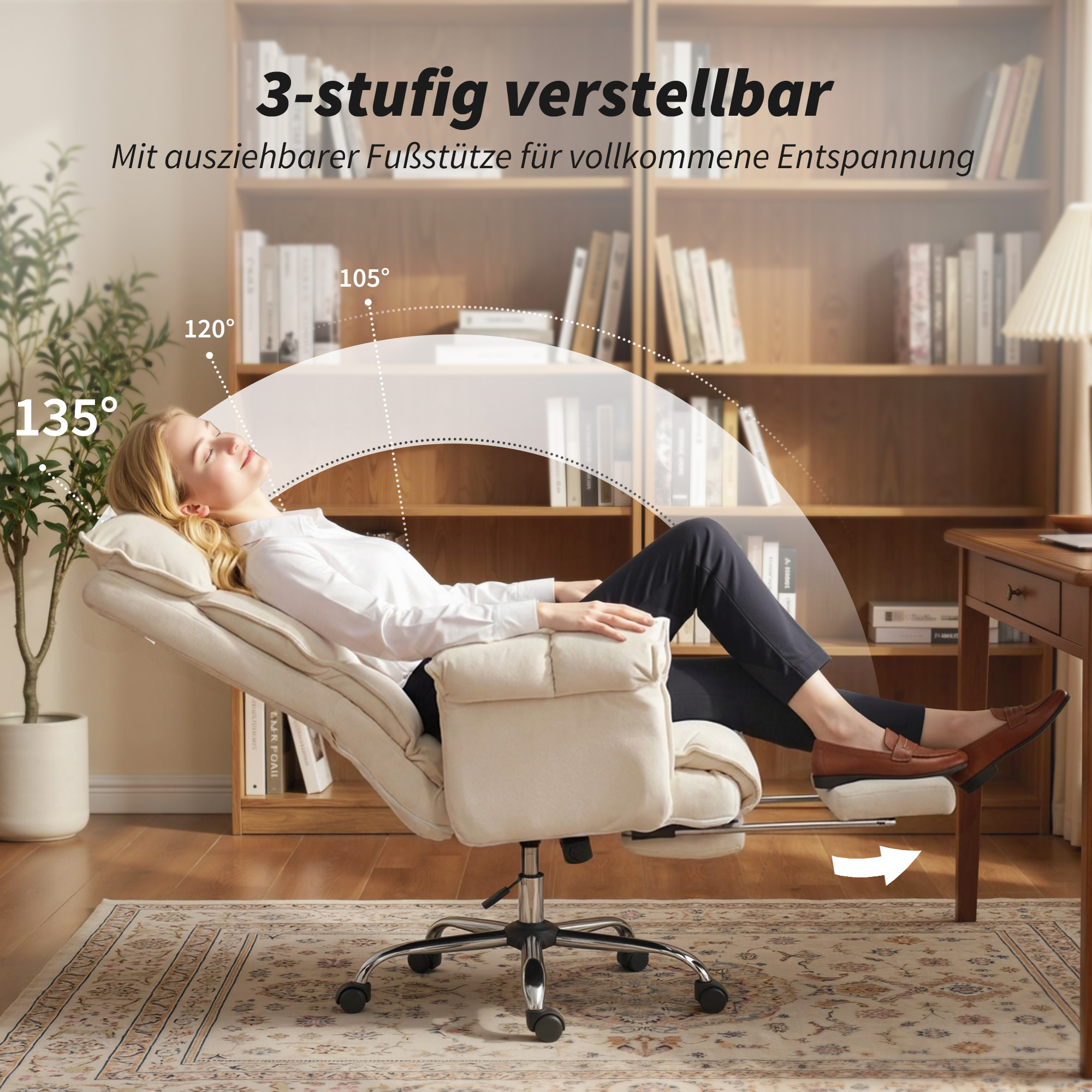 Bürostuhl Höhenverstellbarer Drehstuhl mit Lendenwirbelstütze, Fußstütze, Schneeflanell, 80 x 80 x 106-114 cm Cremeweiß