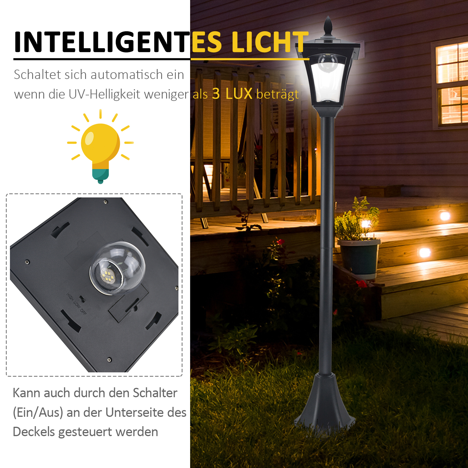 LED Solar Gartenlaterne, Stehleuchte aus Edelstahl Gartenlampe 160 cm hoch Windlicht Außenleuchte IP44, Solarlampe mit Lichtsensor 30 Lumen Erdspieß, Gartenlampe für Garten Balkon Schwarz