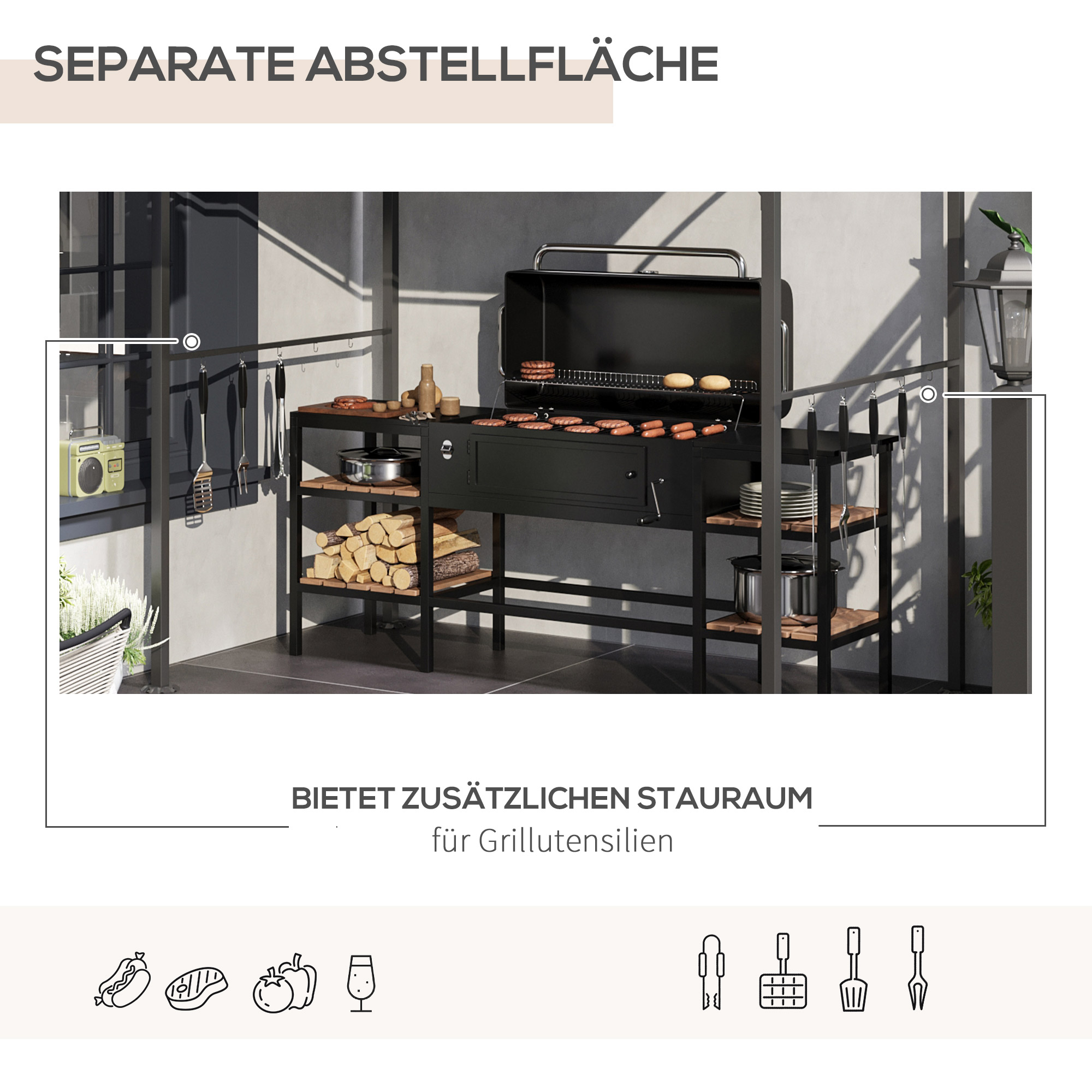 Grillpavillon, Grillüberdachung, Regenschutz, Haken für Utensilien, Stahlrahmen, Beige+Schwarz, 215 x 150 x 182/220 cm