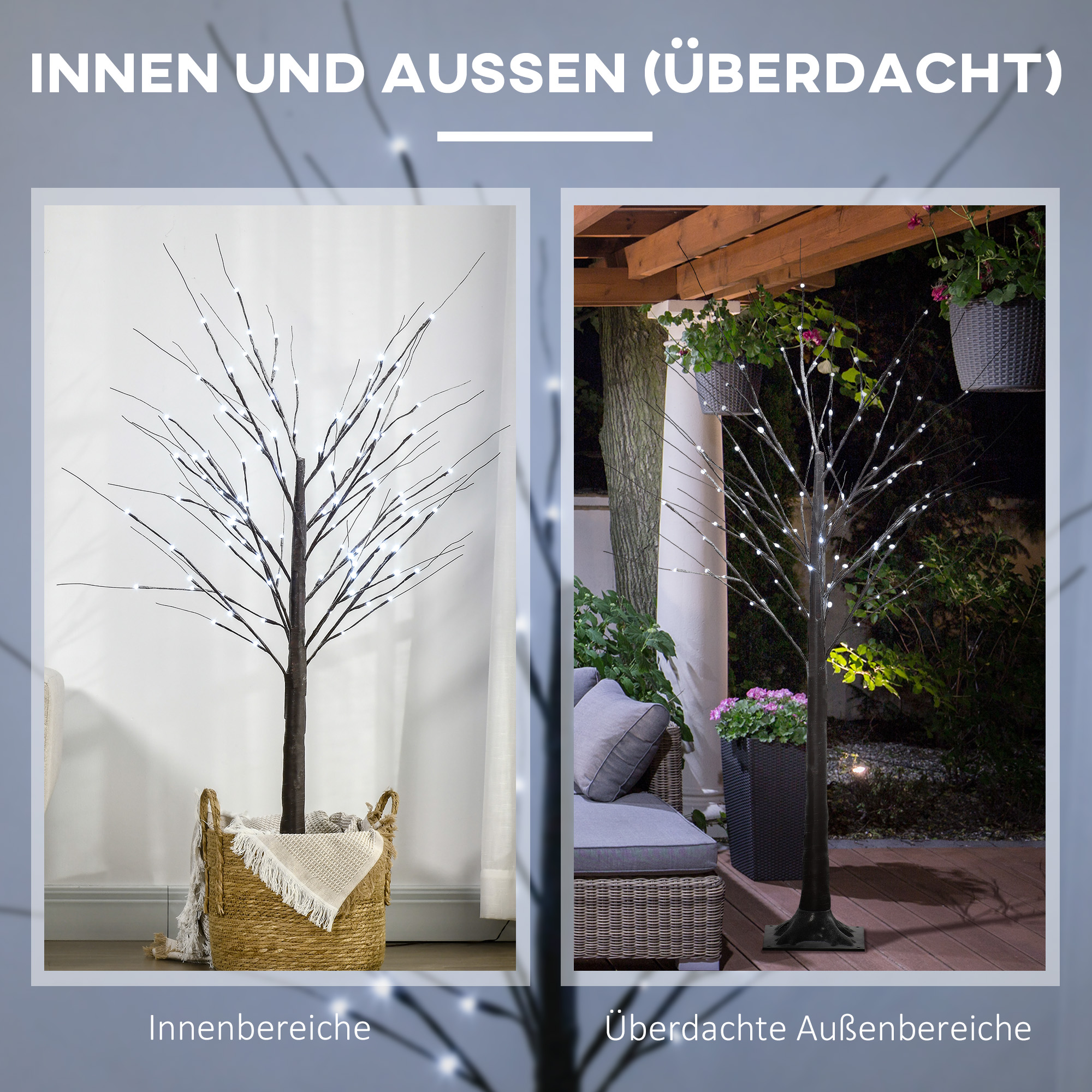 Künstliche Birke mit LED-Beleuchtung, 96 warmweiße Mikro-LEDs, 150 cm, Braun