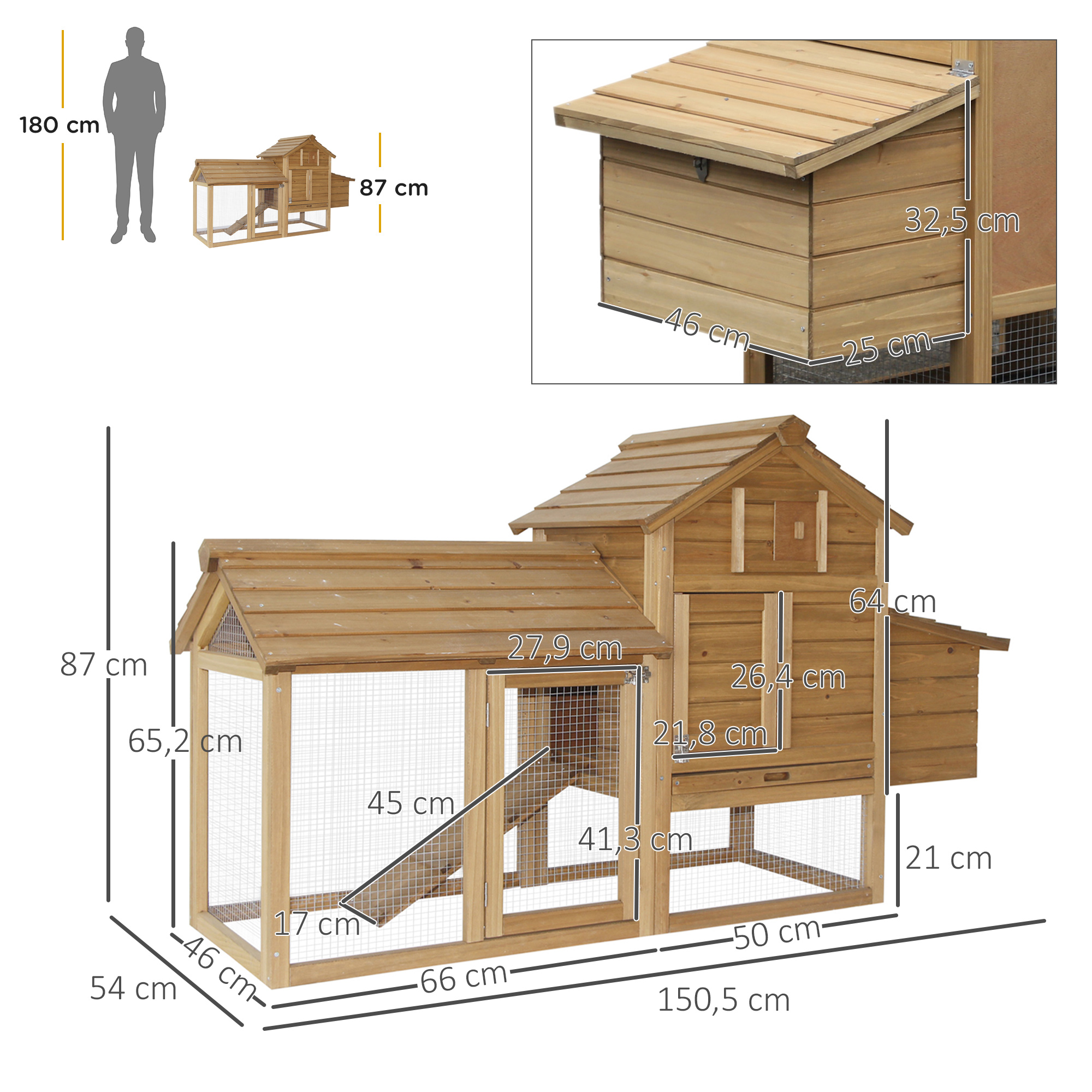Hühnerstall Hühnerhaus aus Holz 151,5 x 54 x 87 cm, Freilaufgehege mit 2 Ebenen, 2 Türen, Nistkasten, wasserfestem Dach, Auslauf, Rampe, Hühnergehege für Garten, Natur