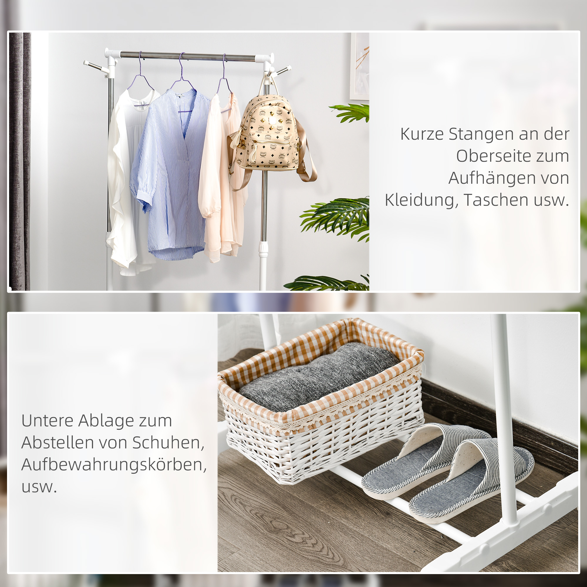 Rollbarer Garderobenständer, höhenverstellbar, mit unterer Ablage, 4 Räder, Weiß