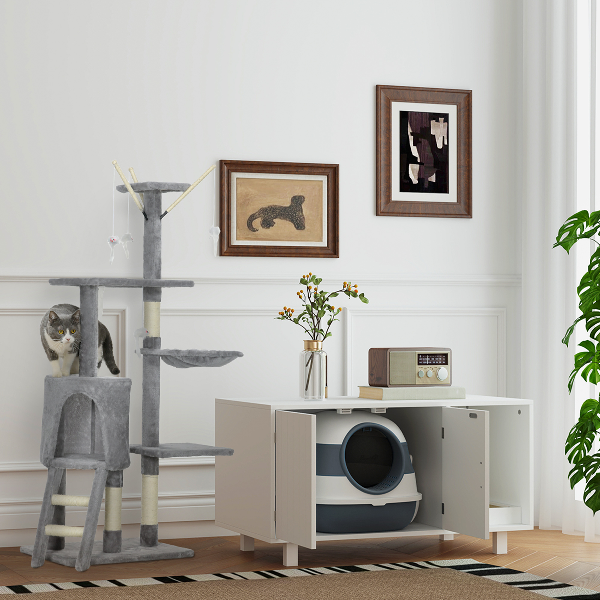 Katzentoilette, mit Streuschaufel, Eingang mit Bodengitter, abnehmbarer Deckel, weiß+grau, 52 x 41 x 38 cm