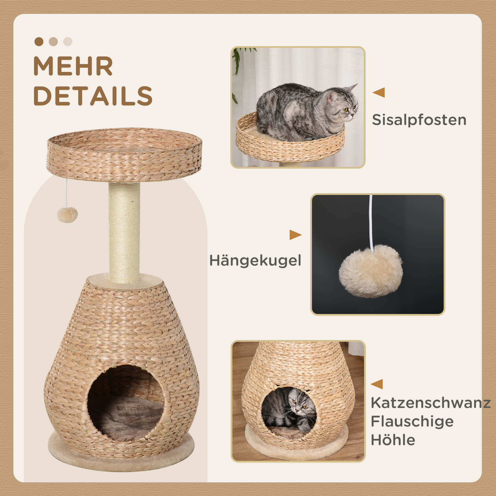 Katzenbaum Kratzbaum Kätzchen Möbel mit Katzenhöhle Ballspielzeug Sisal weiche Plüsch Höhe 82,5 cm Gelb