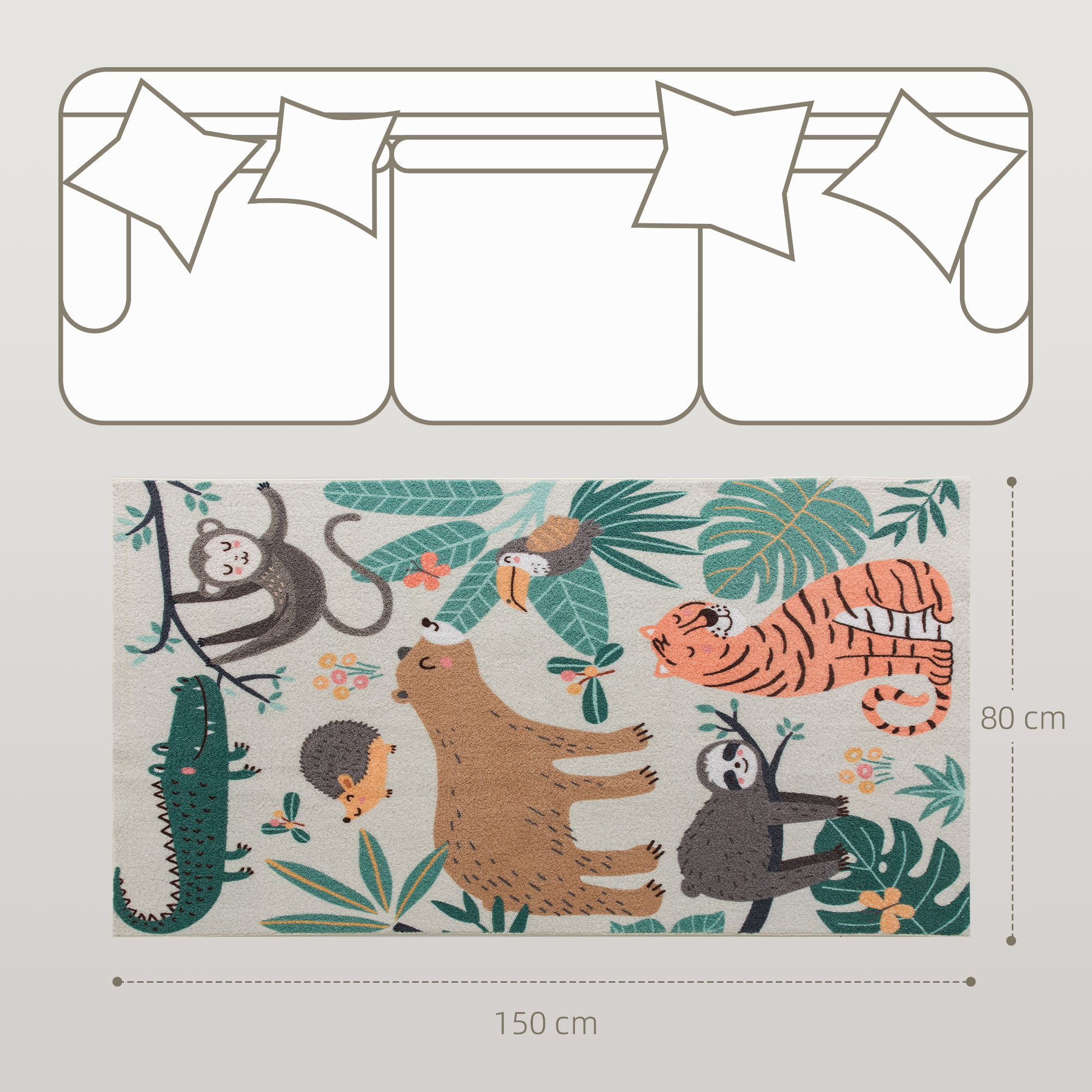 Fleece-Teppich mit Dschungel-Muster, pflegeleicht, Cremeweiß+Bunt