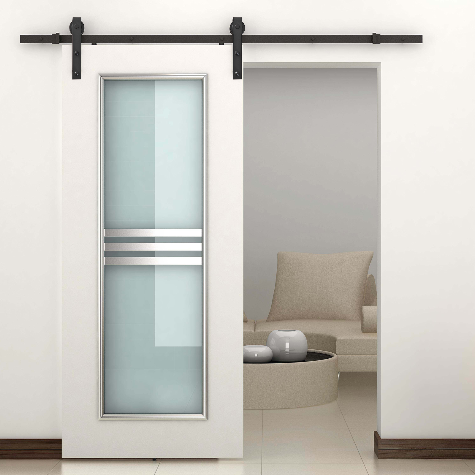 Gleitschienen-Bausatz für Schiebetür, bis 90 kg, Kohlenstoffstahl, 200 cm, Schwarz, inkl. Werkzeuge