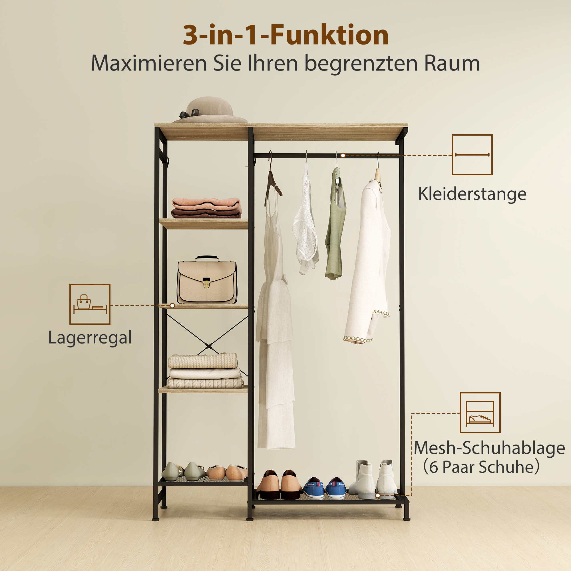 Garderobenständer, Kleiderständer mit Kleiderstange, Schuhregal Ablage Kippschutz Eiche