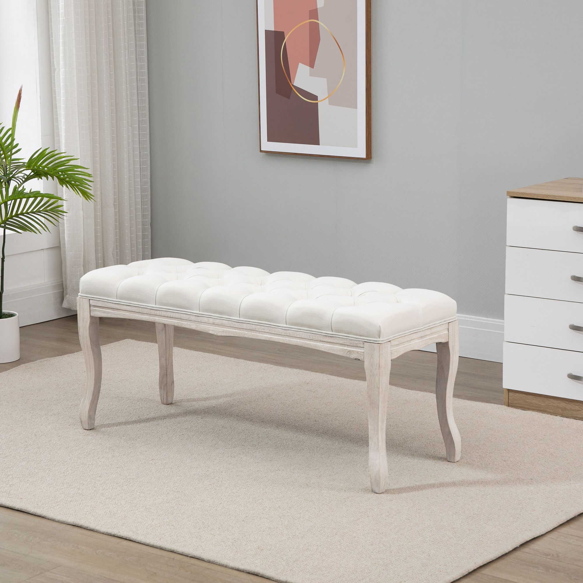 Sitzbank Polsterbank mit Leinen-Bezug Bettbank mit Holzrahmen, Schuhbank für Schlafzimmer, Wohnzimmer, Flur 110 x 40 x 48 cm Beige