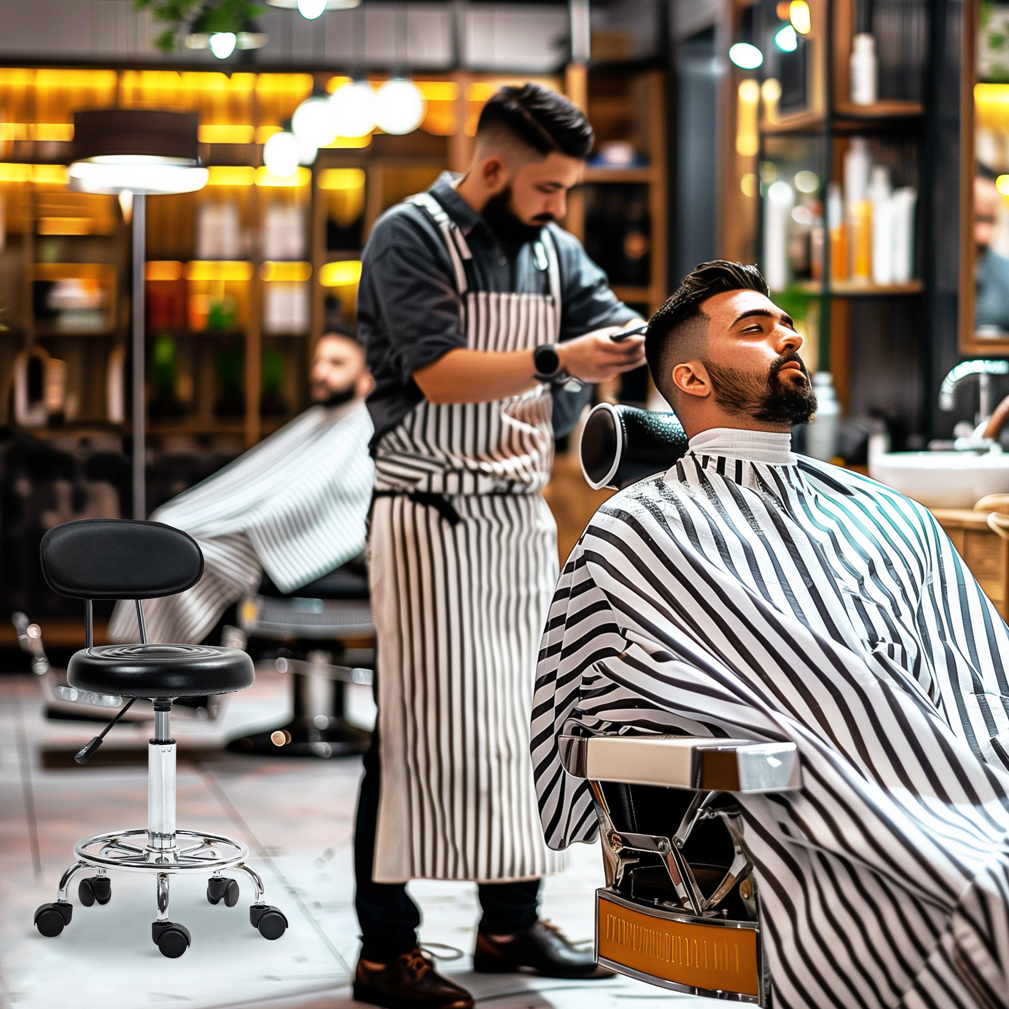 Rollhocker, Drehbarer und verstellbarer Hocker mit Rückenlehne, Kunstlederbezug, Fußstütze, für Frisiertische, Schwarz