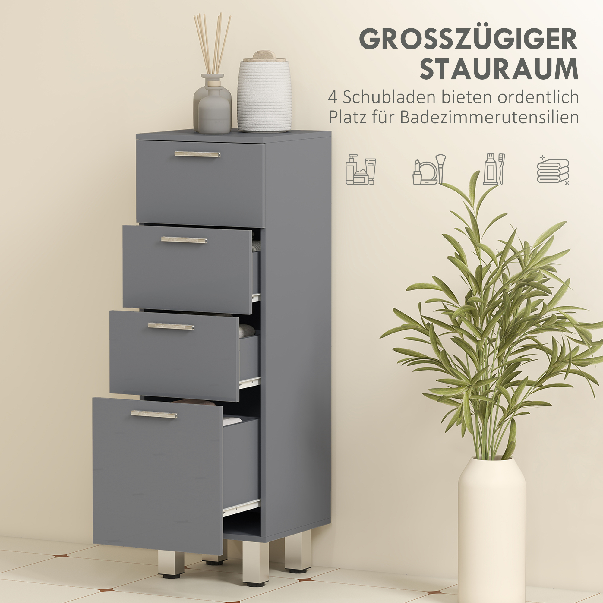 Badezimmerschrank, Badschrank, 4 Schubladen, Spanplatte, glatt, Grau