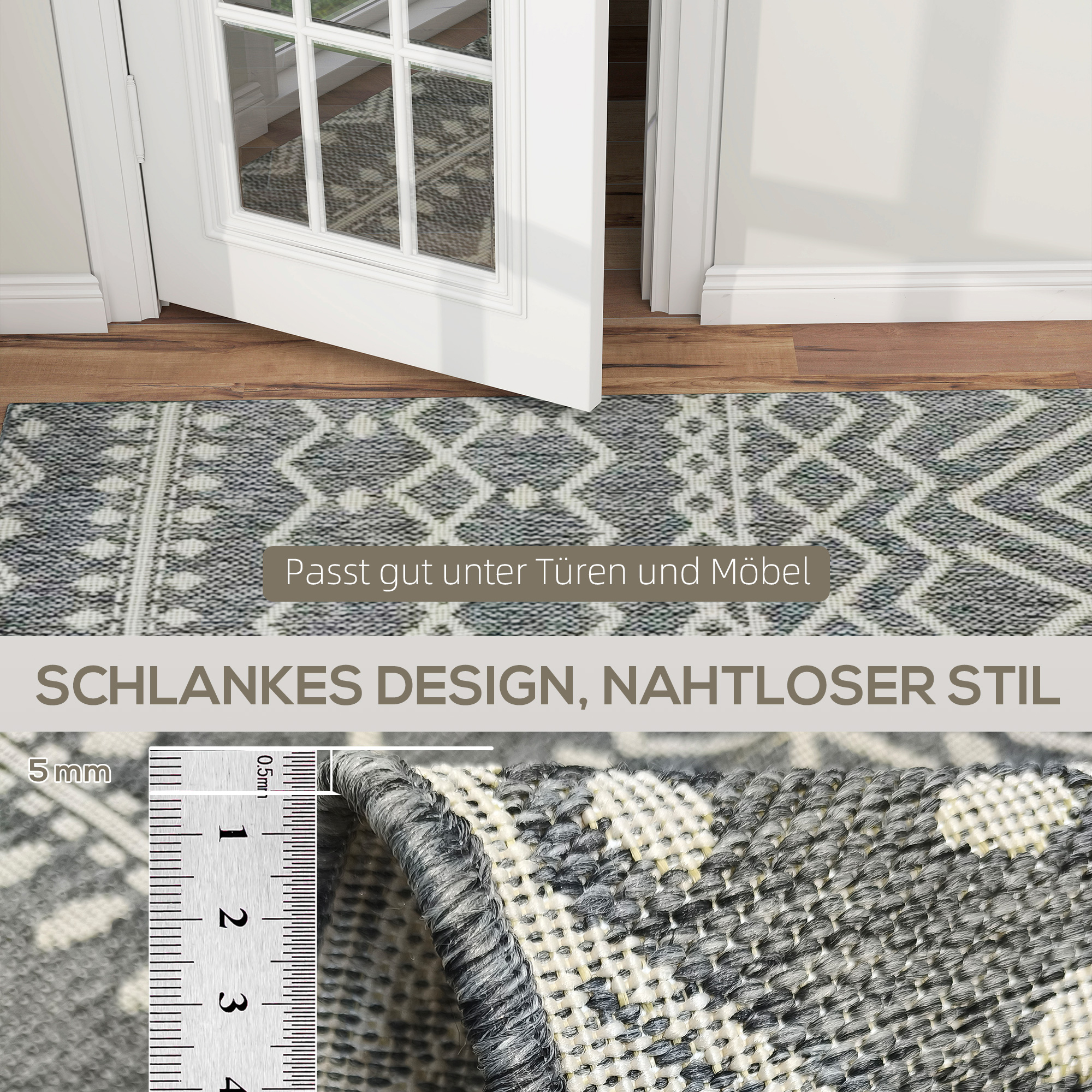 Teppich für drinnen und draußen, Boho-Design, leicht zu reinigen, Grau