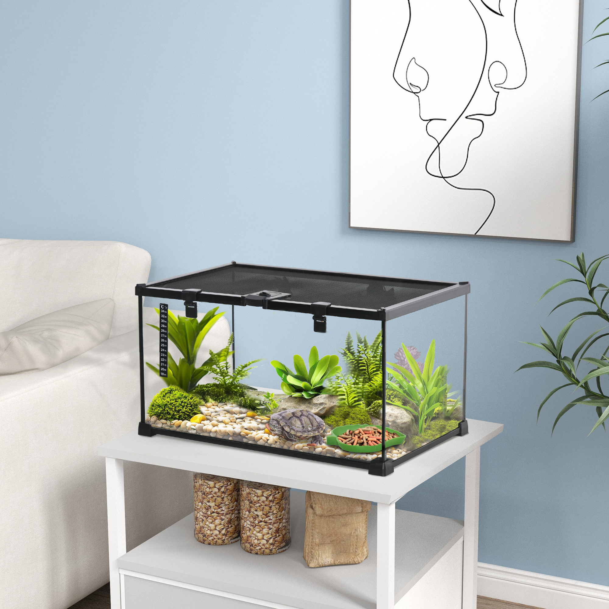 Reptilienbox Terrarium, inkl, Streifenthermometer, Fütterungsklappen, 50 cm x 30 cm x 25 cm, Glas + Metall, Schwarz