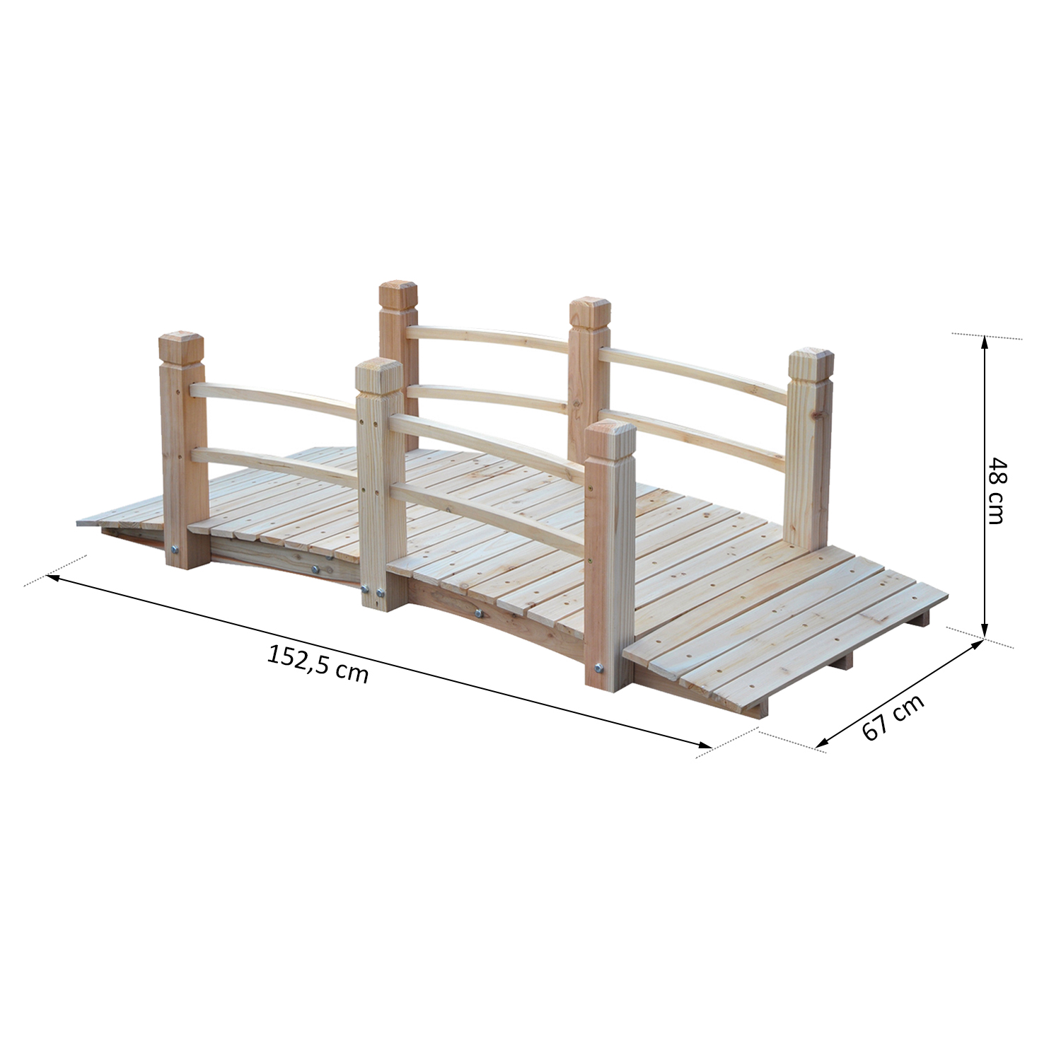 Gartenbrücke Holzbrücke Holzsteg Teichbrücke Zierbrücke mit Geländer bis 180 kg Tannenholz Natur 152,5 x 67 x 48 cm