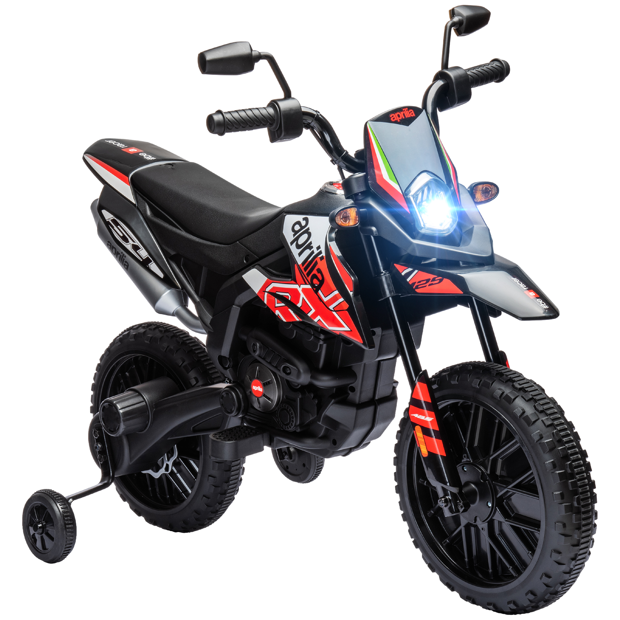 Elektro Motorrad Kinder 12 V Elektromotorrad mit 2 Motoren Stützrädern, Stoßdämpfer 13 Zoll Räder Musik, USB
