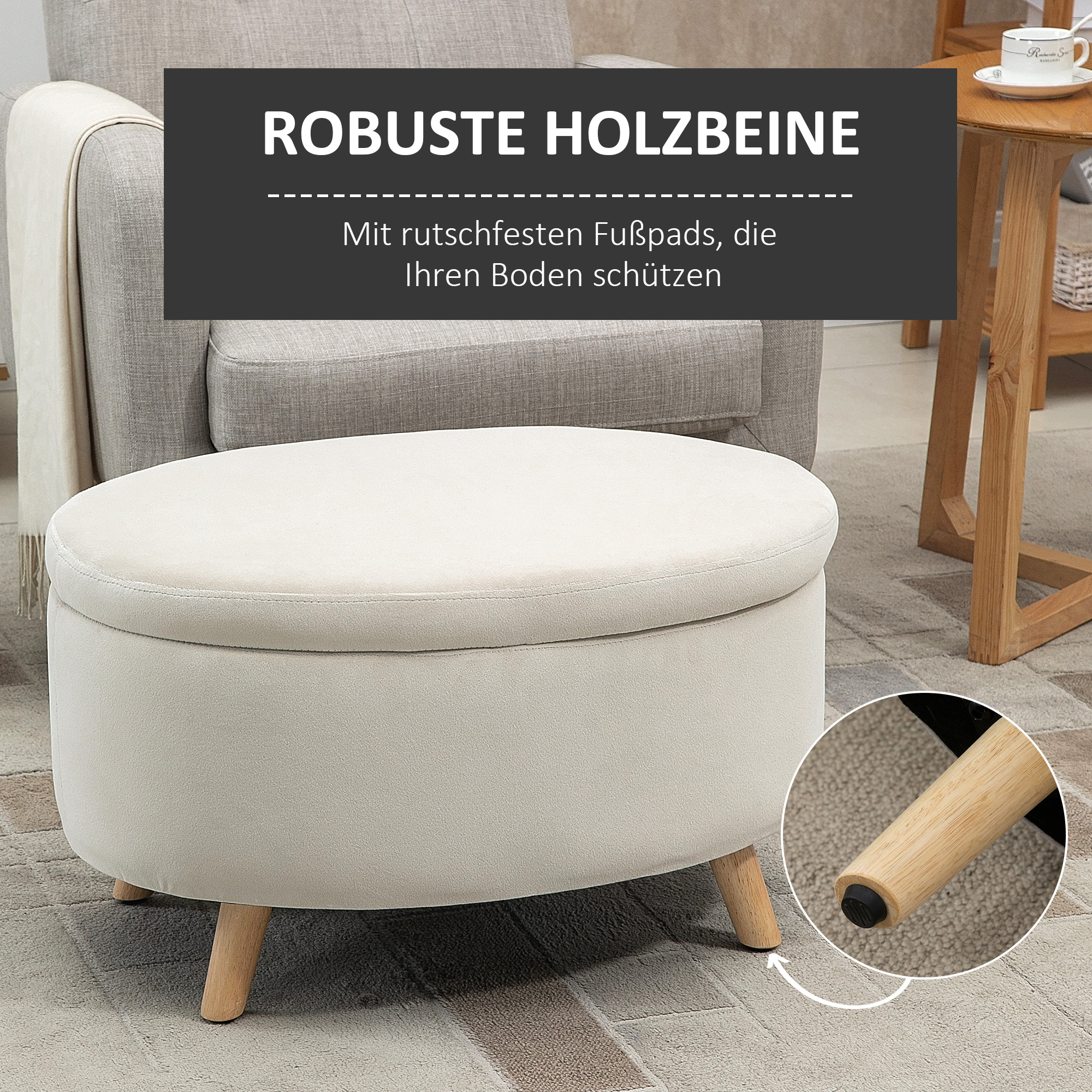 Sitzbank mit Stauraum, Hocker, ovale Form, Samtoptik, bis 120 kg, 71 x 51,5 x 42 cm, Beige