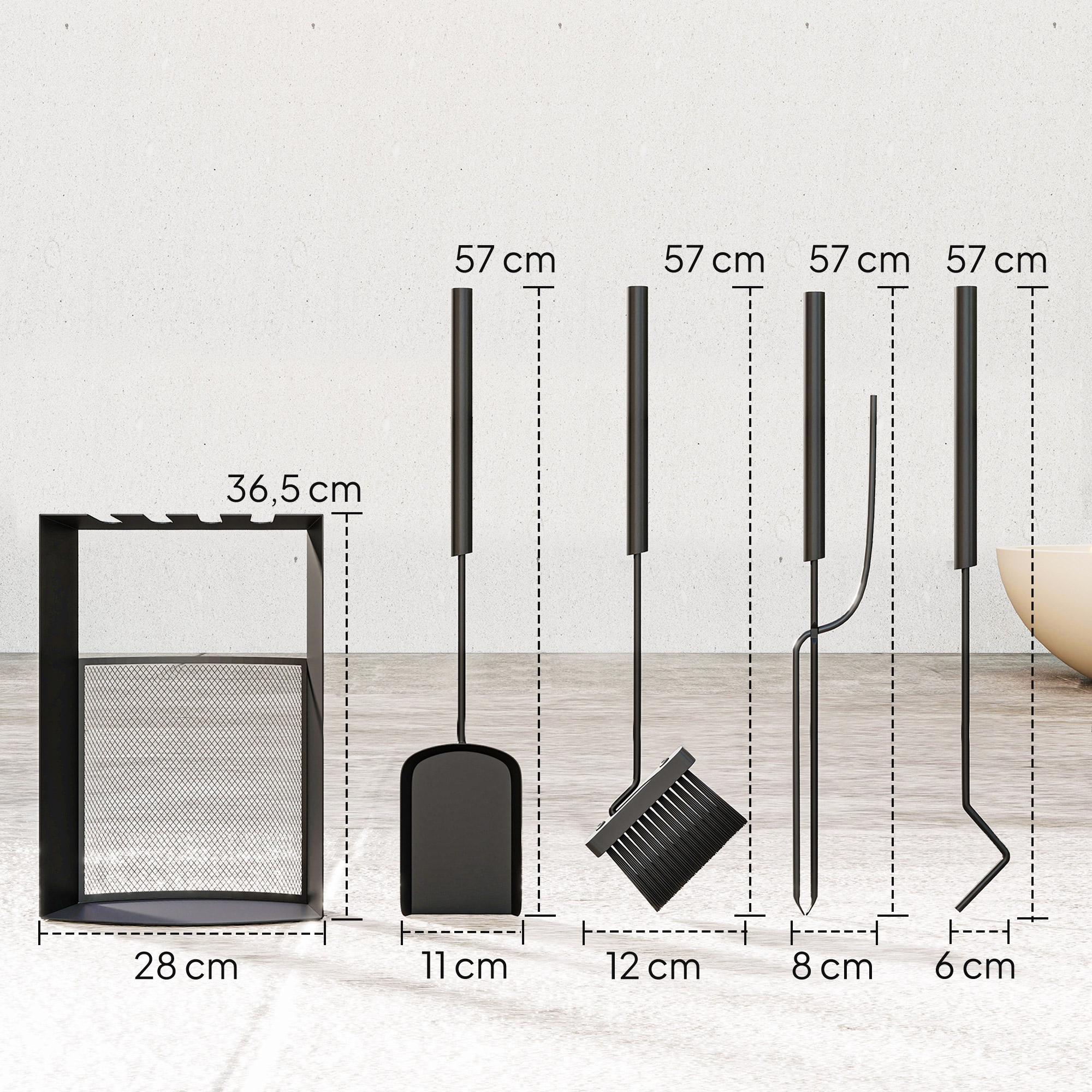 Kaminbesteck Set 5teilig Kaminzubehör mit Besen, Schaufel, Schürhaken Zange Ständer Metall, Schwarz