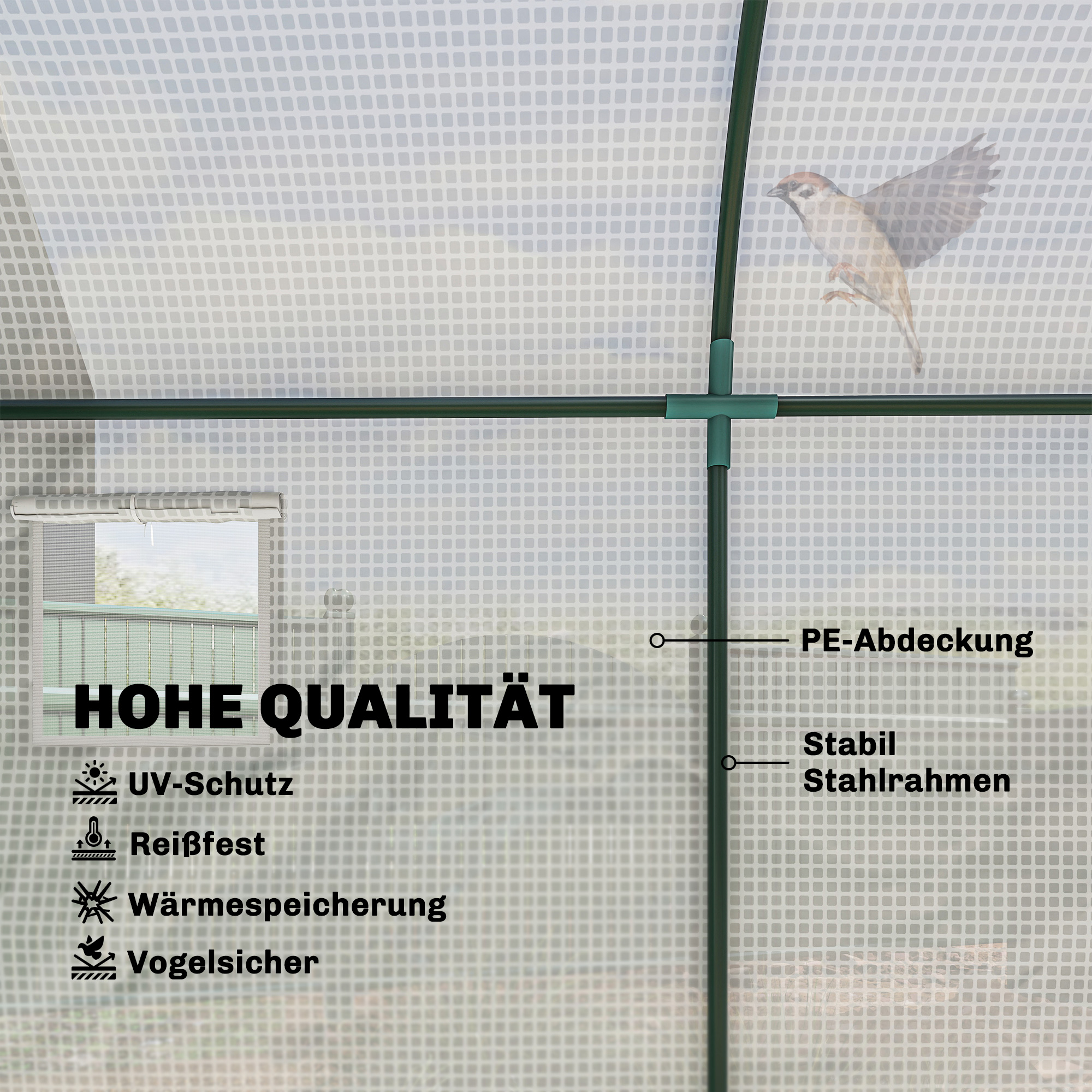Gewächshaus mit Fernster, Tür, Foliengewächshaus aus Stahl, 300x100x200cm, Weiß