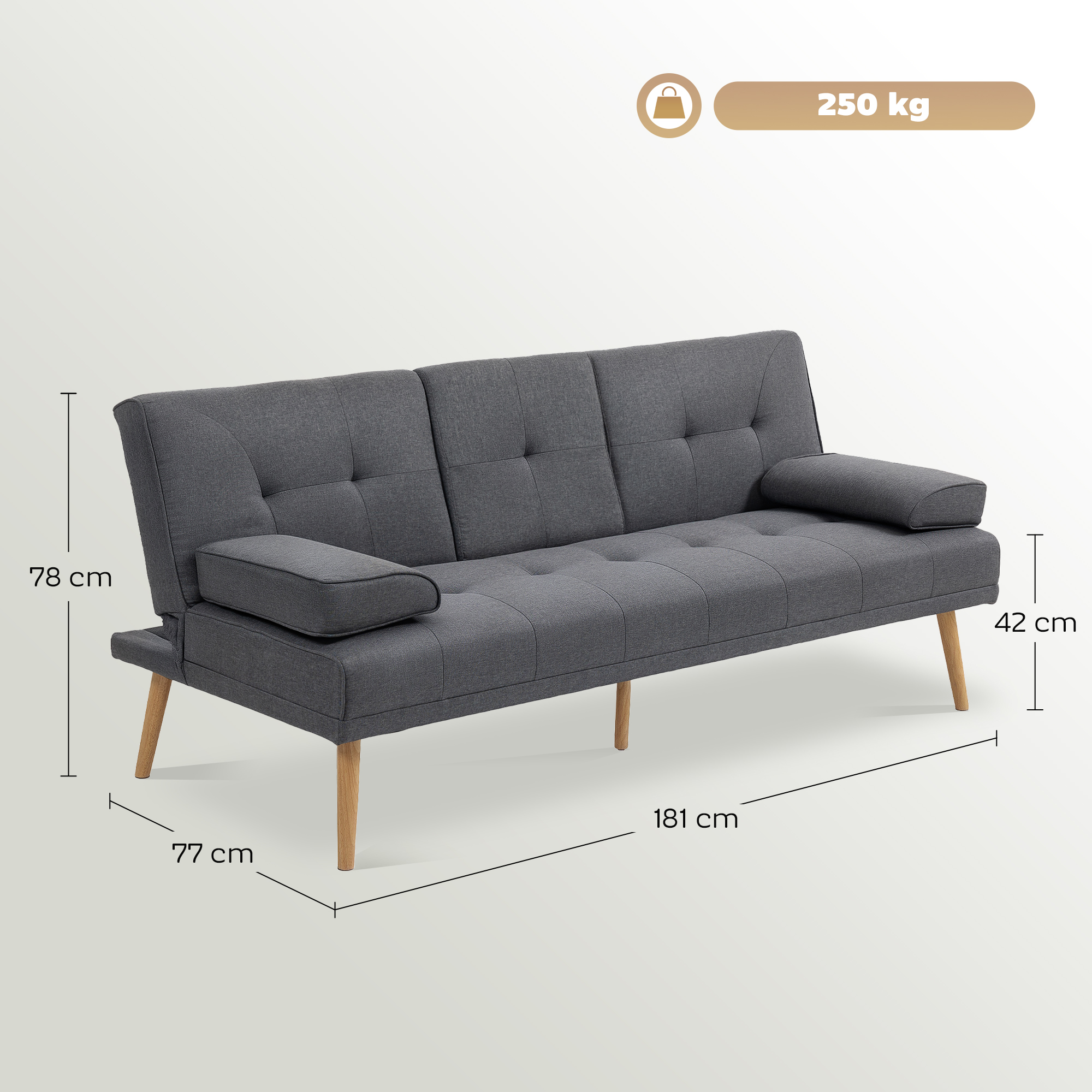 Schlafsofa im Skandi-Design, 3-Sitzer-Sofa, 2 Kissen, Grau + Natur