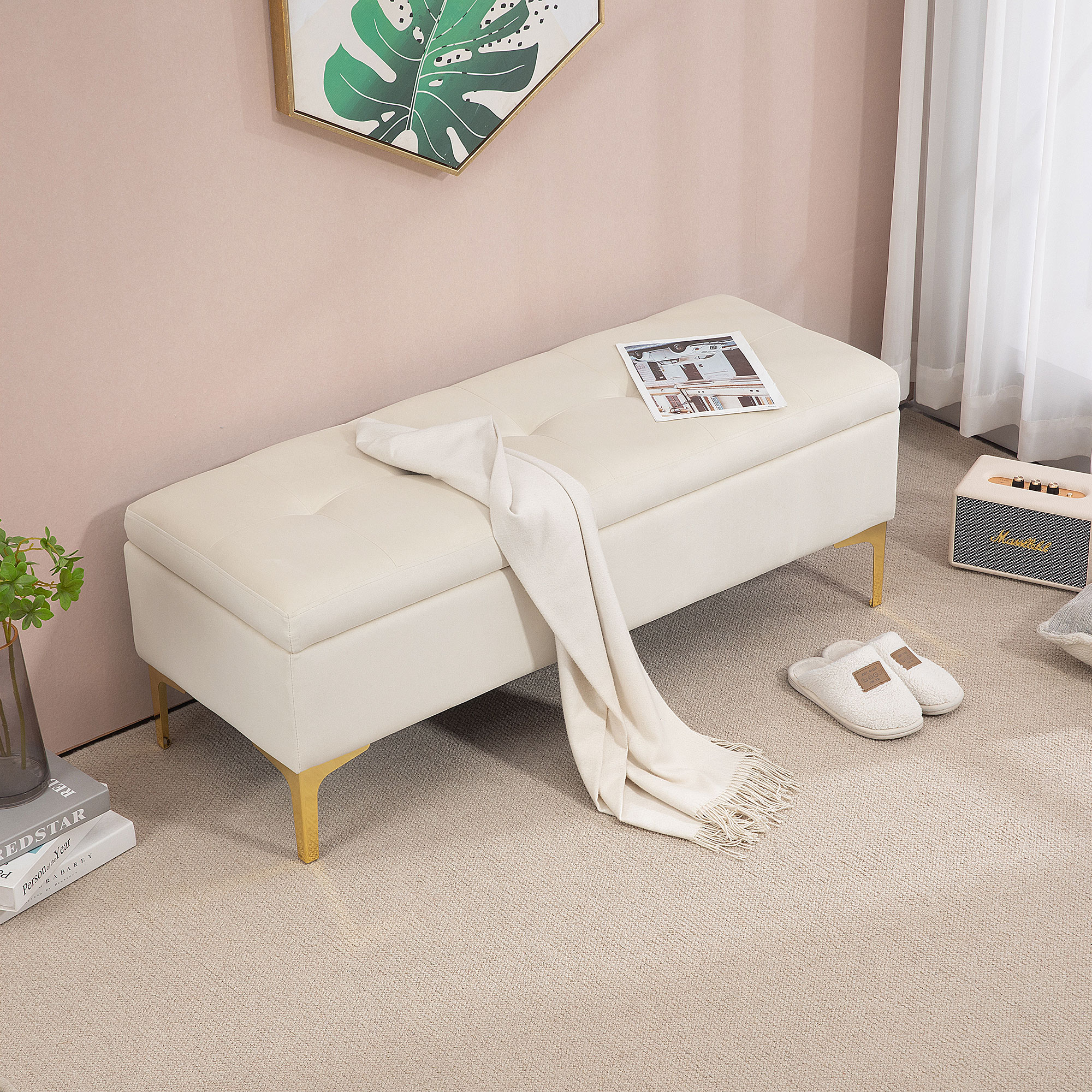 Sitzbank mit Stauraum, belastbar bis 120kg, 120x44x44,5cm, Beige