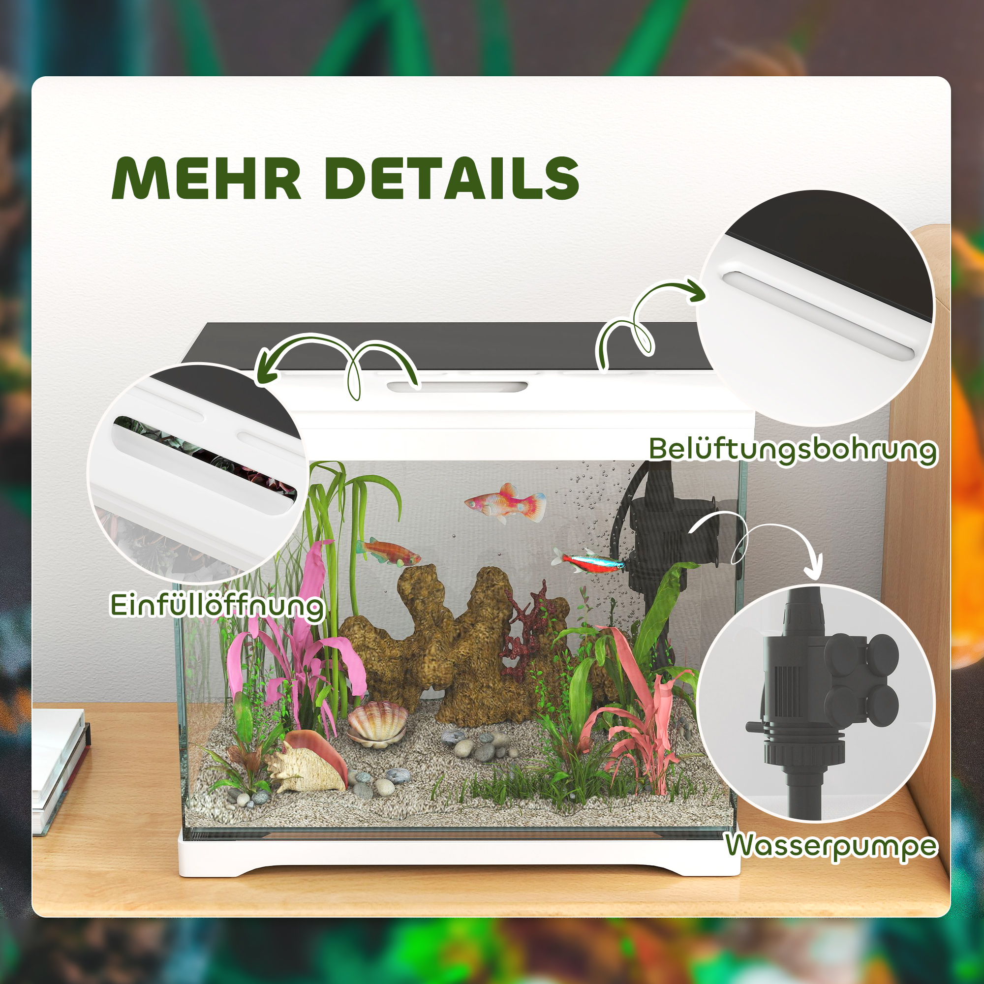 Aquarium, 17 L Tropenfischaquarium, leichte Pflege, klare Sicht, mit LED-Leuchten, 35L x 21B x 31H cm, Weiß+Schwarz