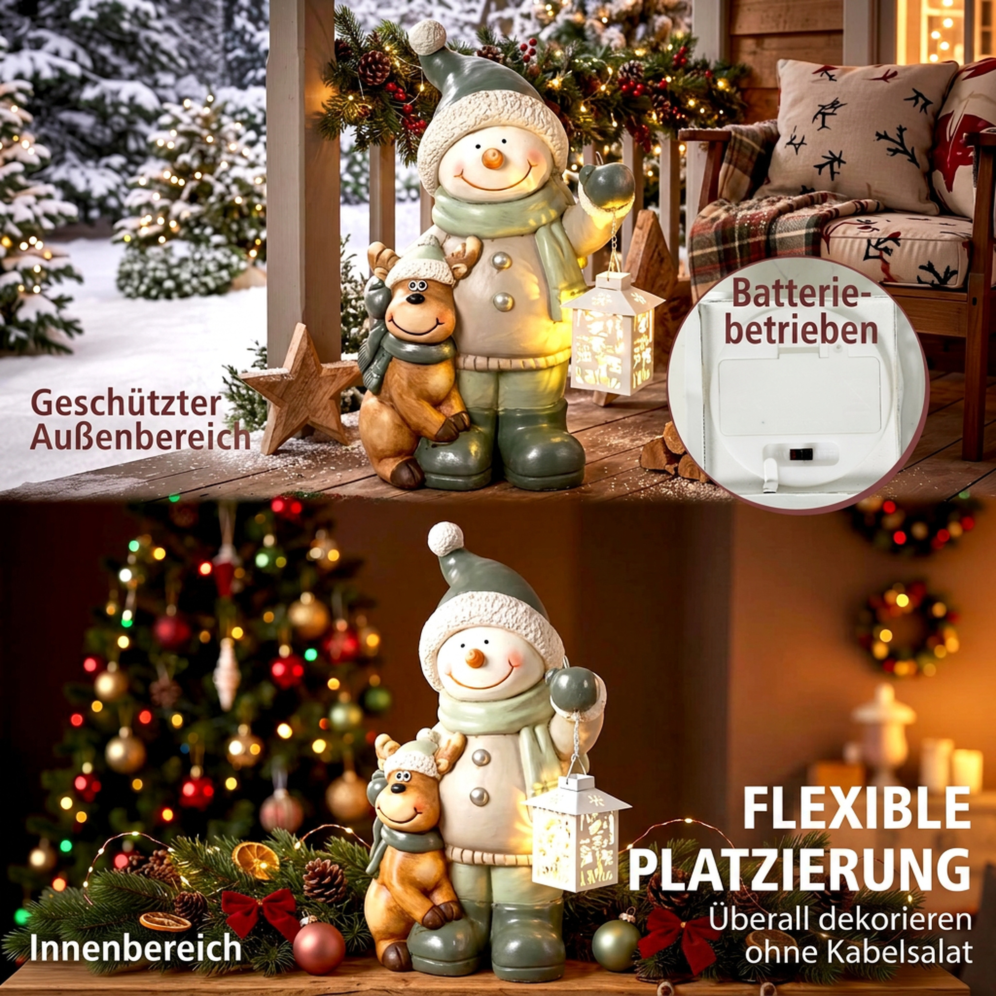 Schneemann-Figur 43 cm aus MGO mit LED-Laterne und Timer, für Eingangsbereich & Türbereich
