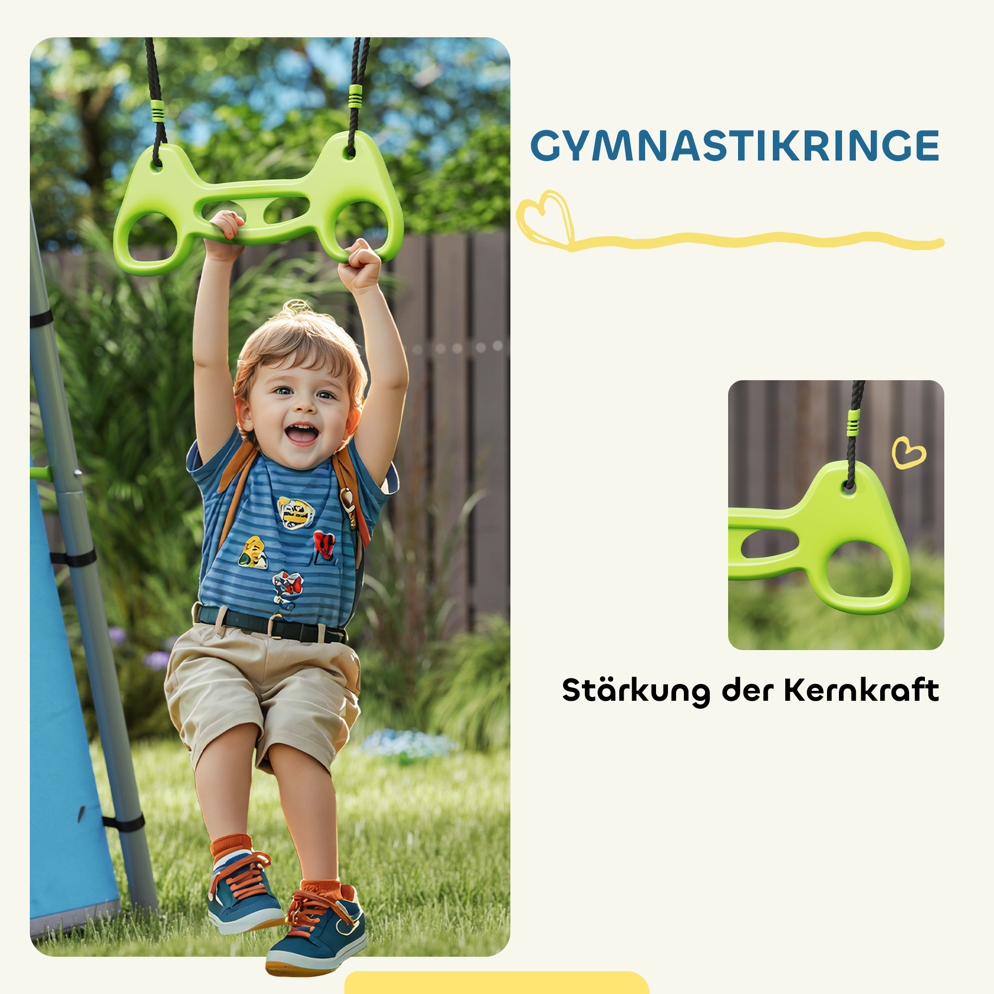 3-in-1 Schaukelset, Spielzelt, Schaukel, Turnringe, Metall, Kunststoff, Grün