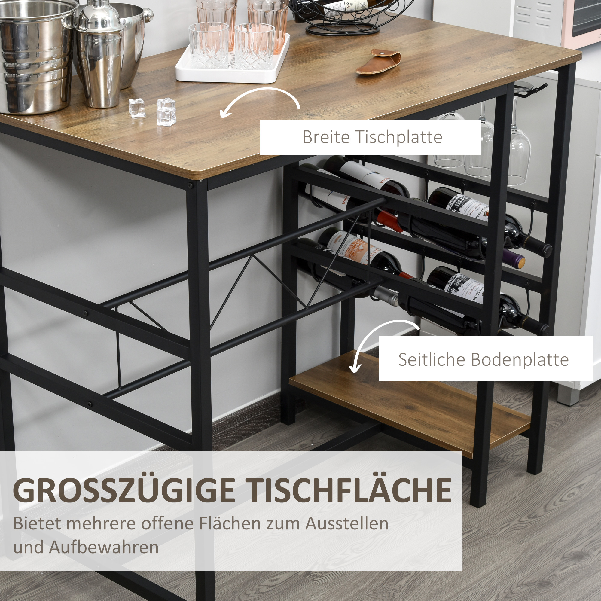 Bartisch-Set, Stehtisch mit 2 Barhockern, 3-teiliges Tischset Küchentresen mit Flaschenhalterung Spanplatte, Stahl, Natur+Schwarz, 108 x 60x 95H cm