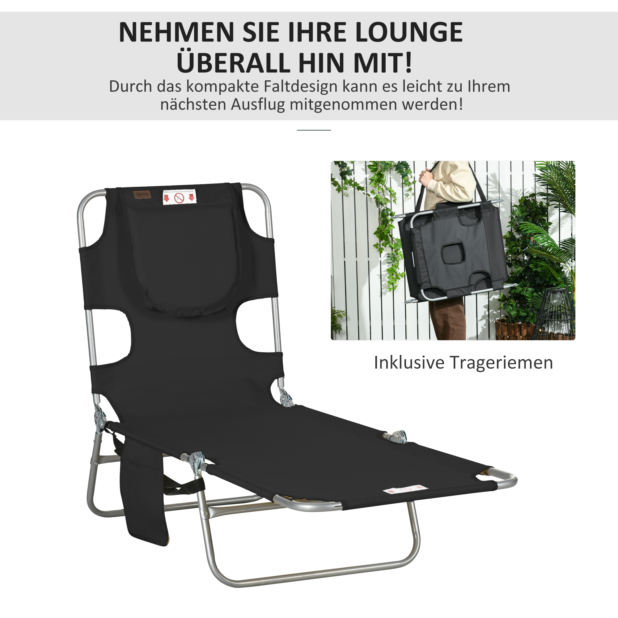 Gartenliege, Liegestuhl mit gepolsterter Gesichtsöffnung, Massage-Liege für draußen, Seitentasche, Stoff, Metall, Schwarz