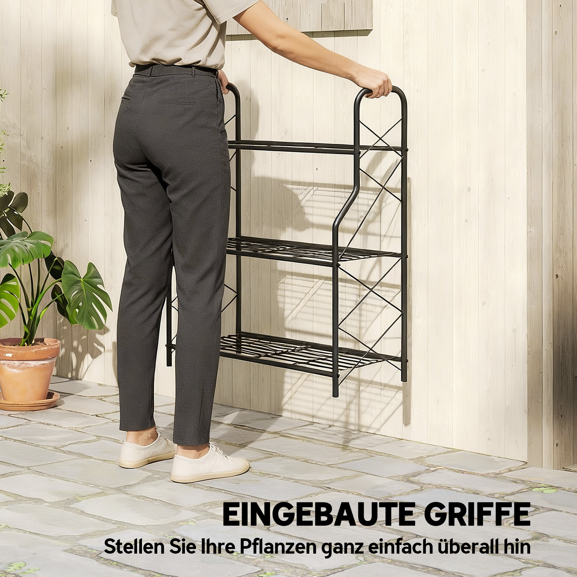 3-Etagen Pflanzenständer, 78 cm hoch Blumenständer mit Griffe, Pflanzenregal aus Metall Schwarz
