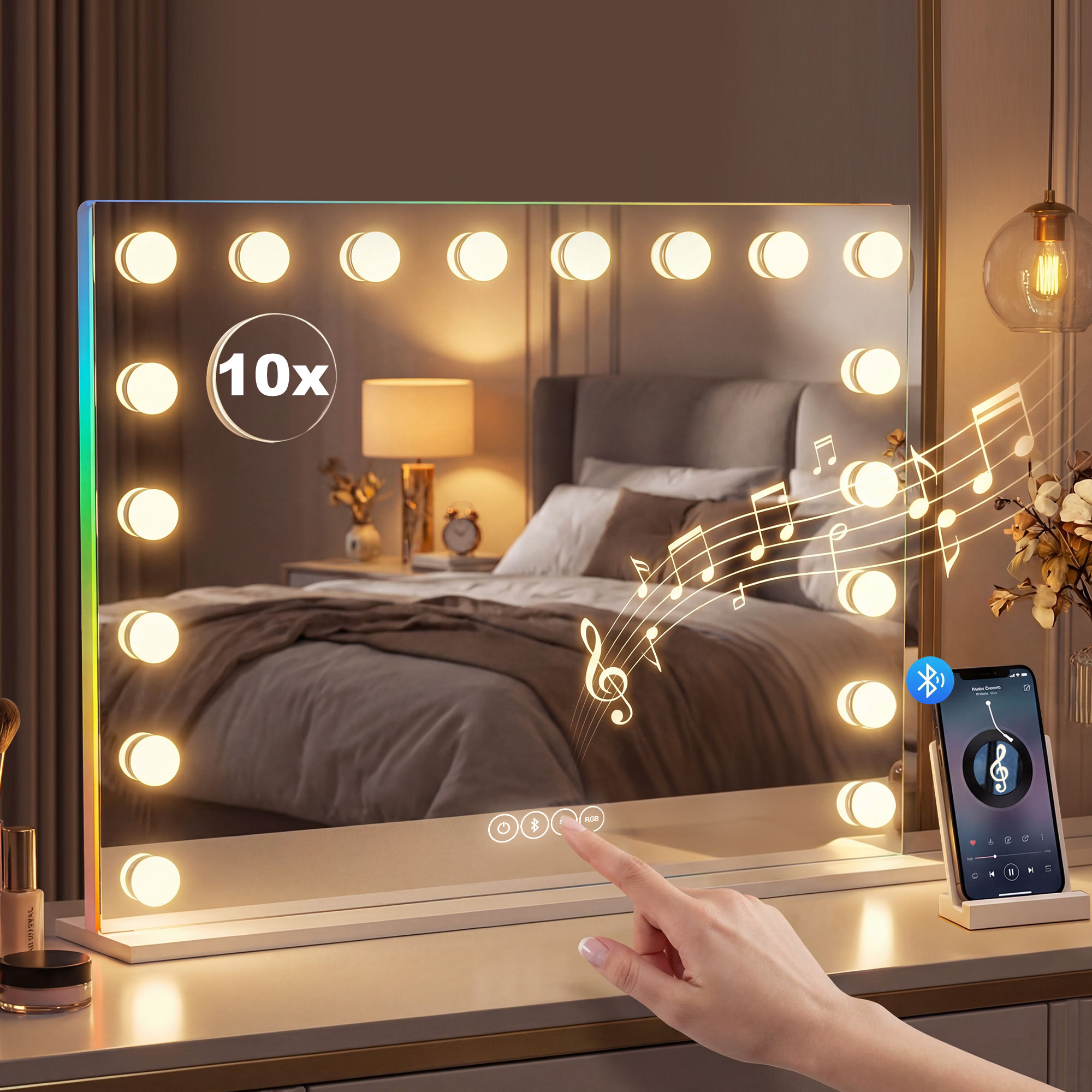 Hollywood Schminkspiegel mit 18 dimmbaren LED-Lampen, 3 Farben, RGB-Licht, Bluetooth-Lautsprecher, 10x Vergrößerung Weiß