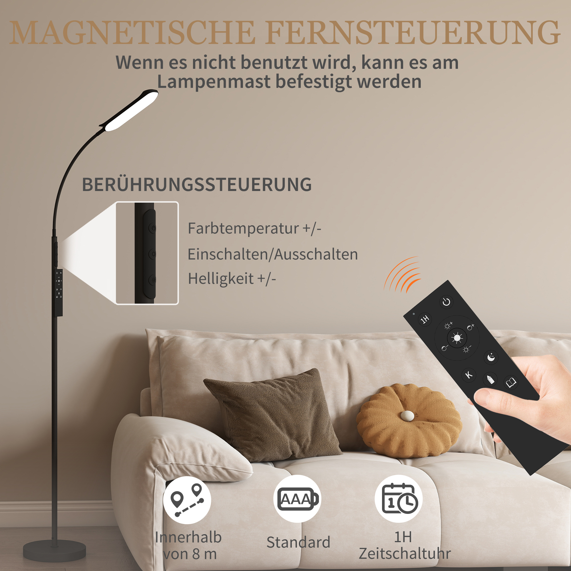 LED-Stehlampe, 5 Modi, Speicherfunktion, verstellbare Helligkeit, Stahl, Schwarz