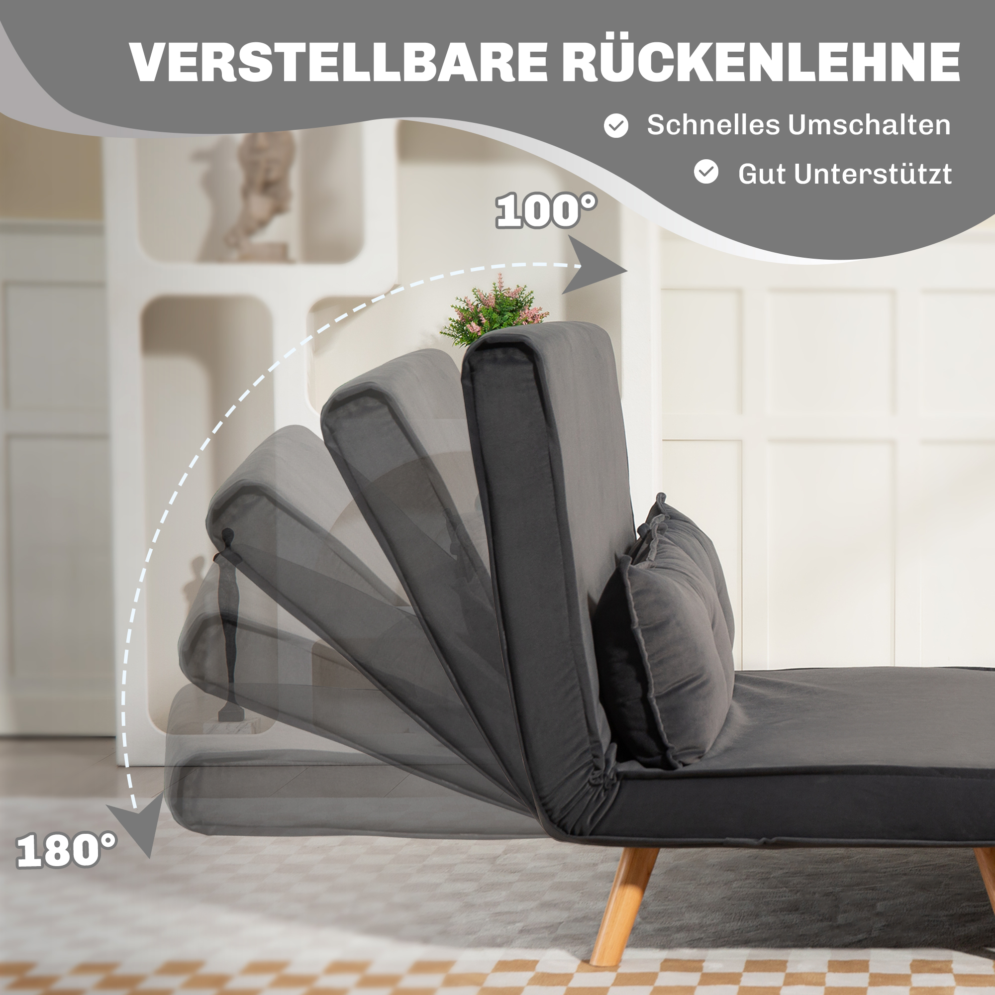2-Sitzer-Schlafsofa, Bettsofa, in Bett umwandelbare Couch, verstellbare Rückenlehne, Stoffbezug, Metallrahmen, Grau