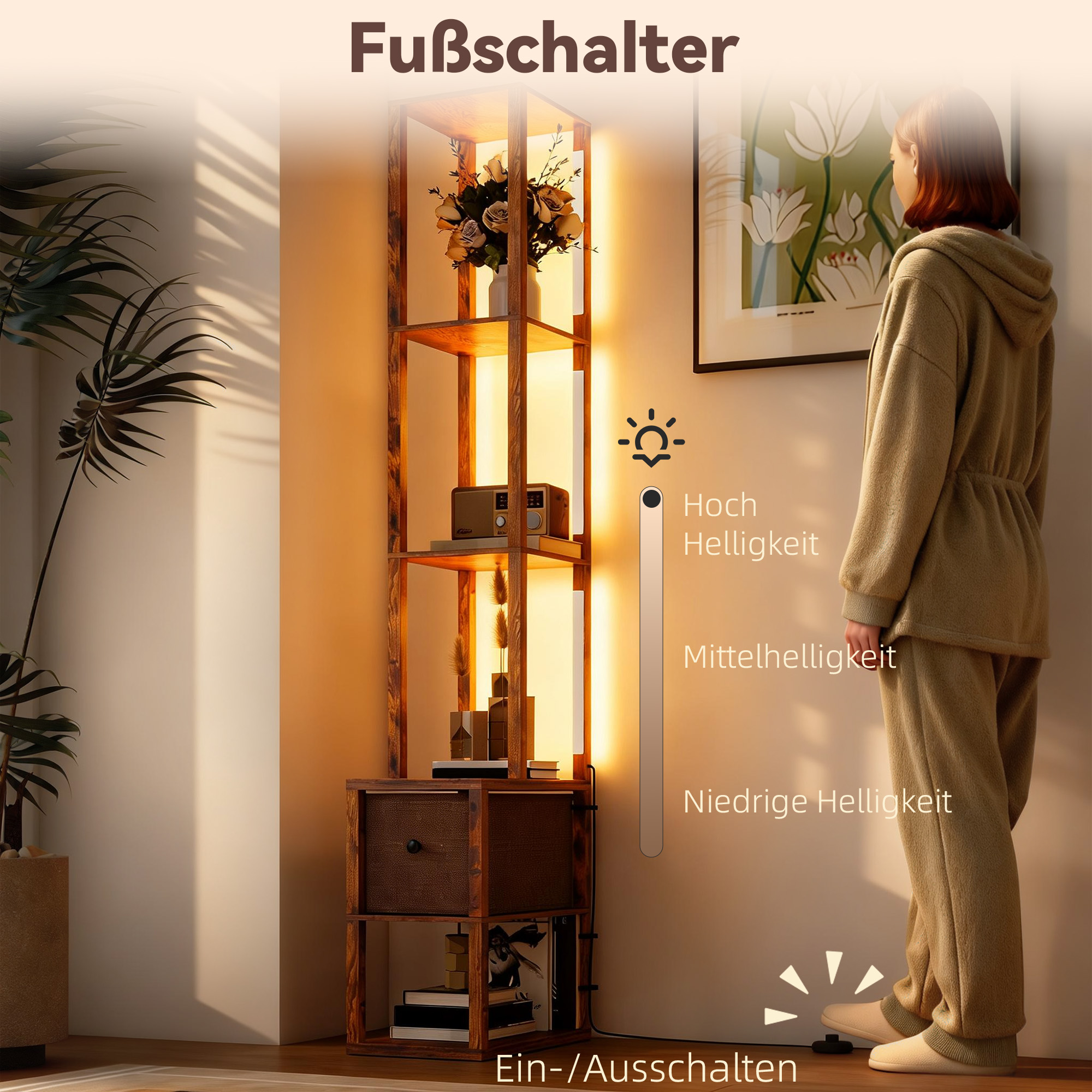 LED-Stehlampe mit Regalen, einstellbare Helligkeit, Fußschalter für Schlafzimmer, Rustikales Braun