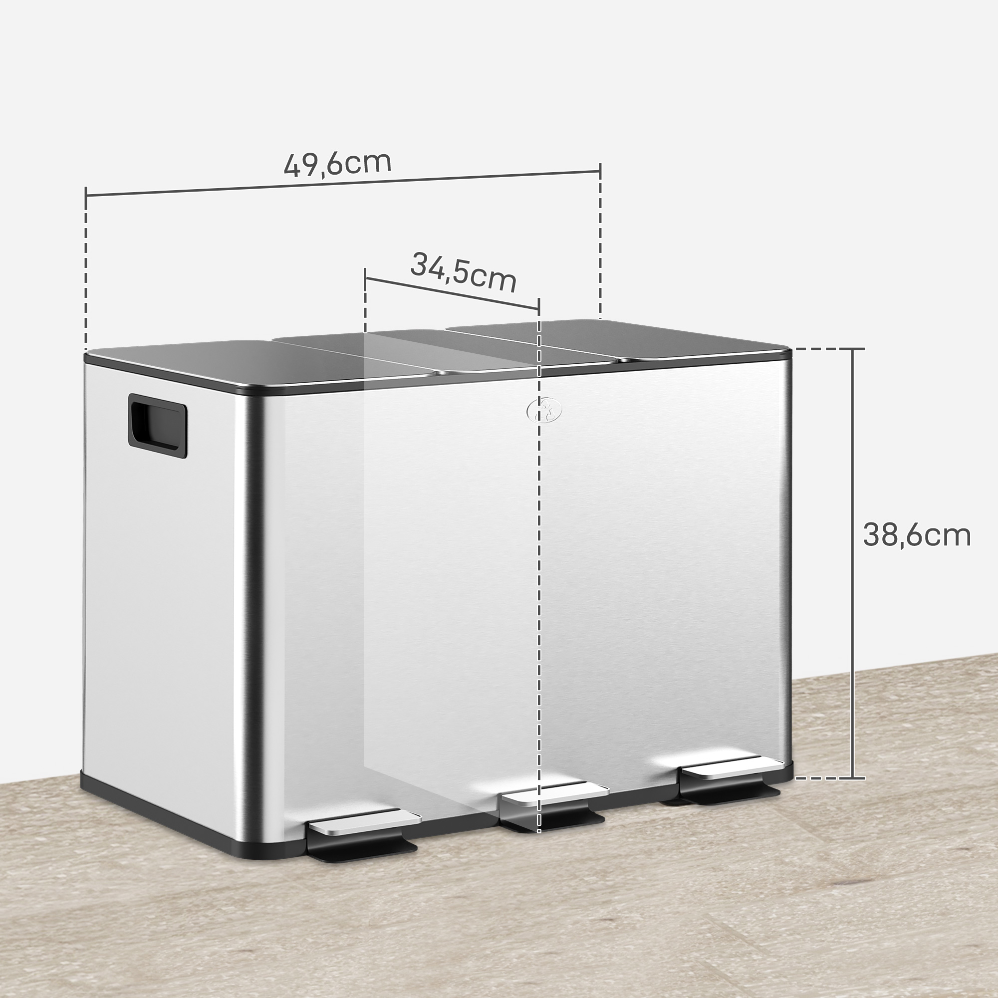Mülleimer mit 3 x 10 L Fächern, Deodorant-Deckel, fingerabdrucksicher, Soft-Close, herausnehmbar, Silber
