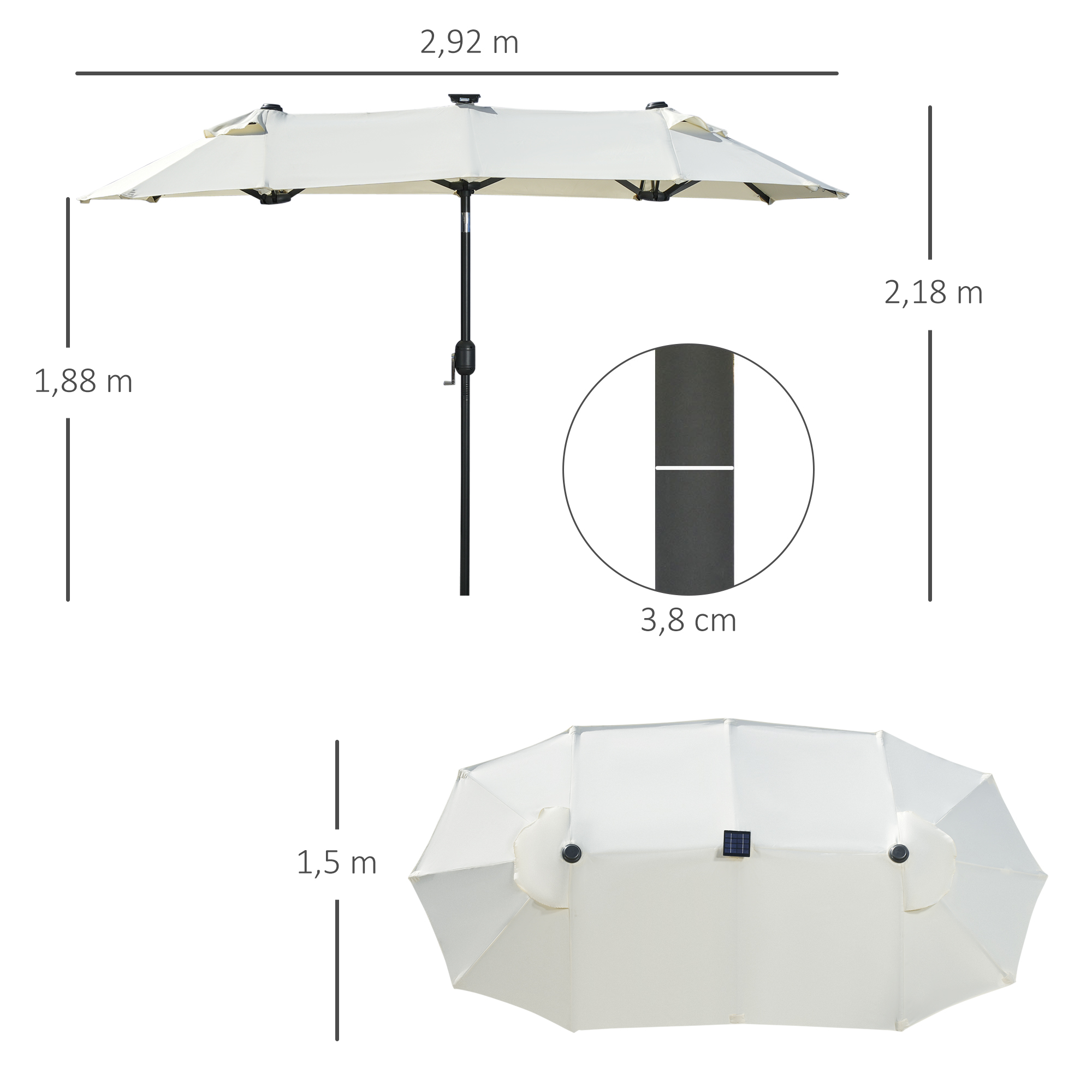 Doppelschirm, Terrassenschirm, neigbar, mit Solarpaneel, 35 LEDs, Stahlrahmen, beige, 2,92 x 1,50 x 2,18 m