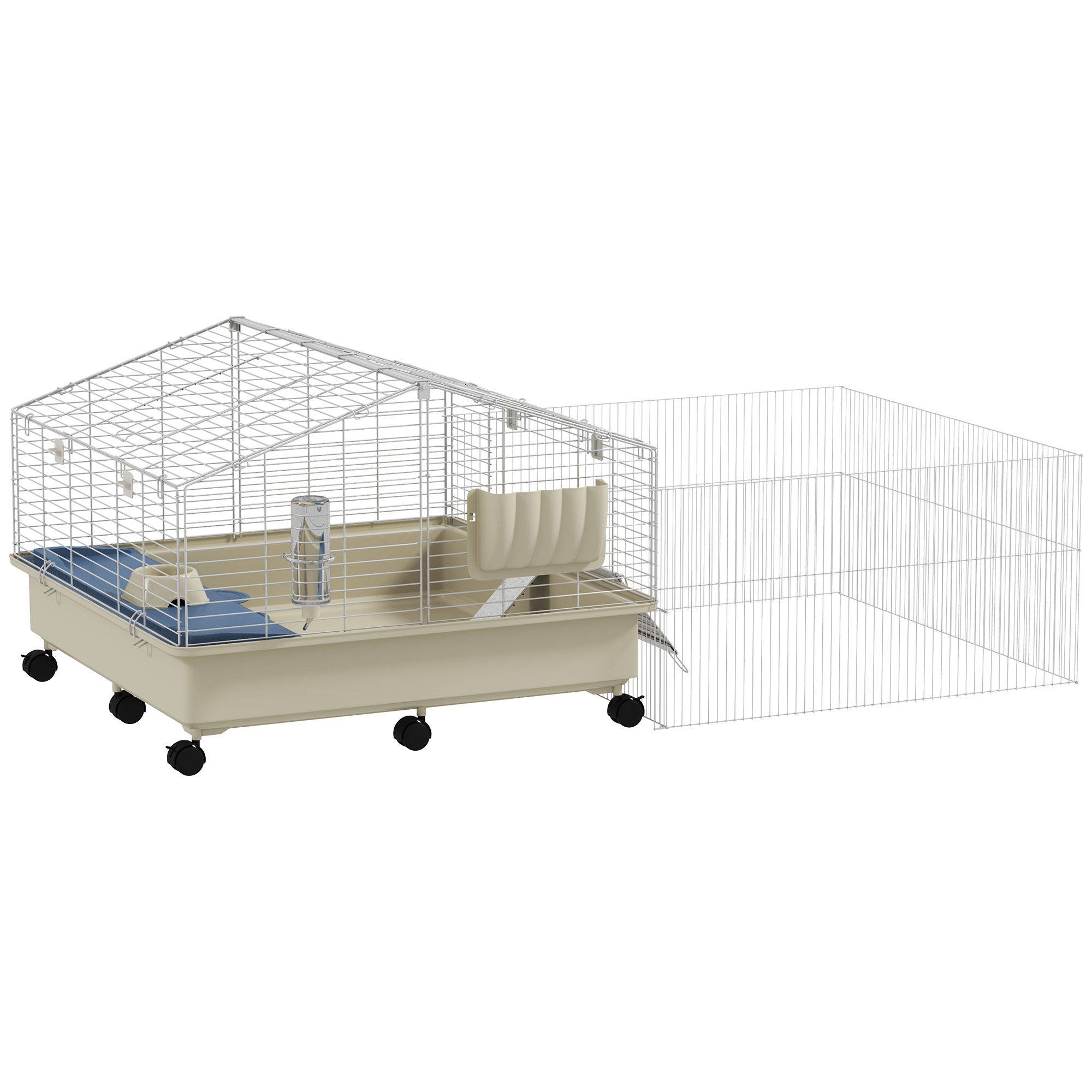Kleintierkäfig, Balkon, Rampe, Futtertrog, Wasserflasche, 2-Ebenen-Design, Weiß