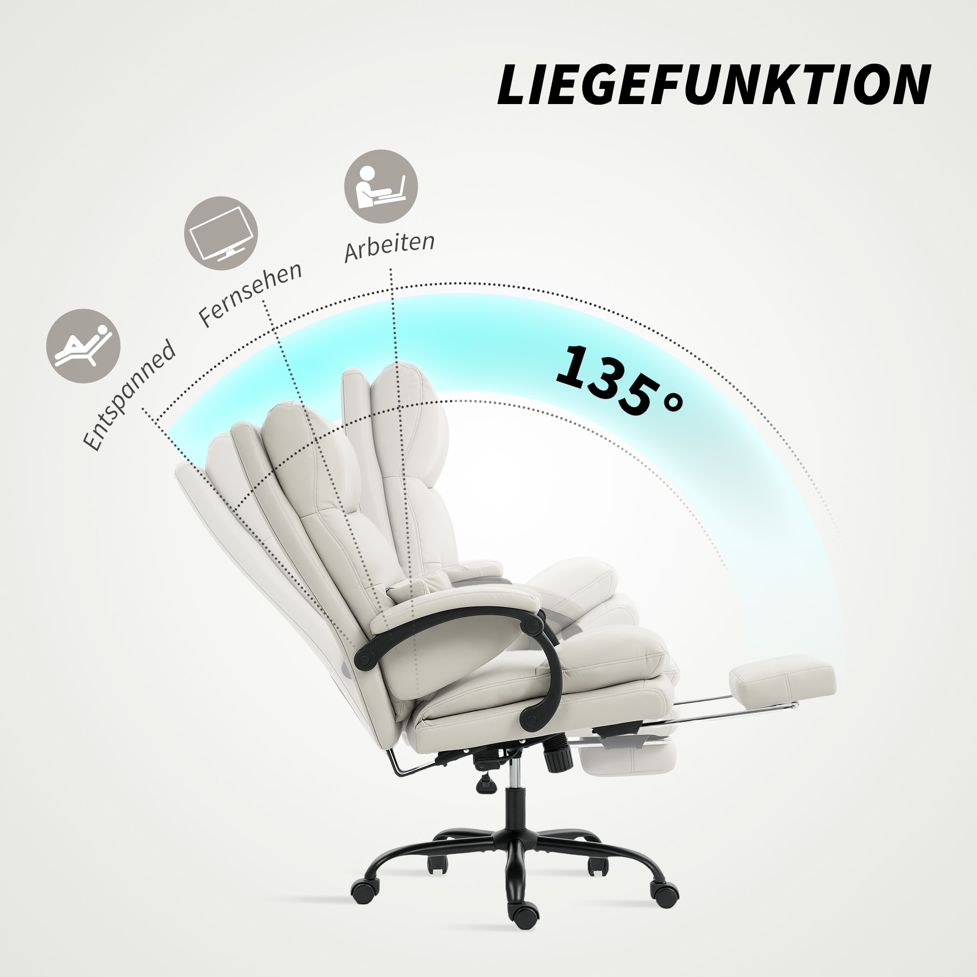 Bürostuhl Höhenverstellbarer Schreibtischstuhl mit Lendenwirbelstütze, Armlehne, Fußstütze, aus Kunstleder, Hellgrau