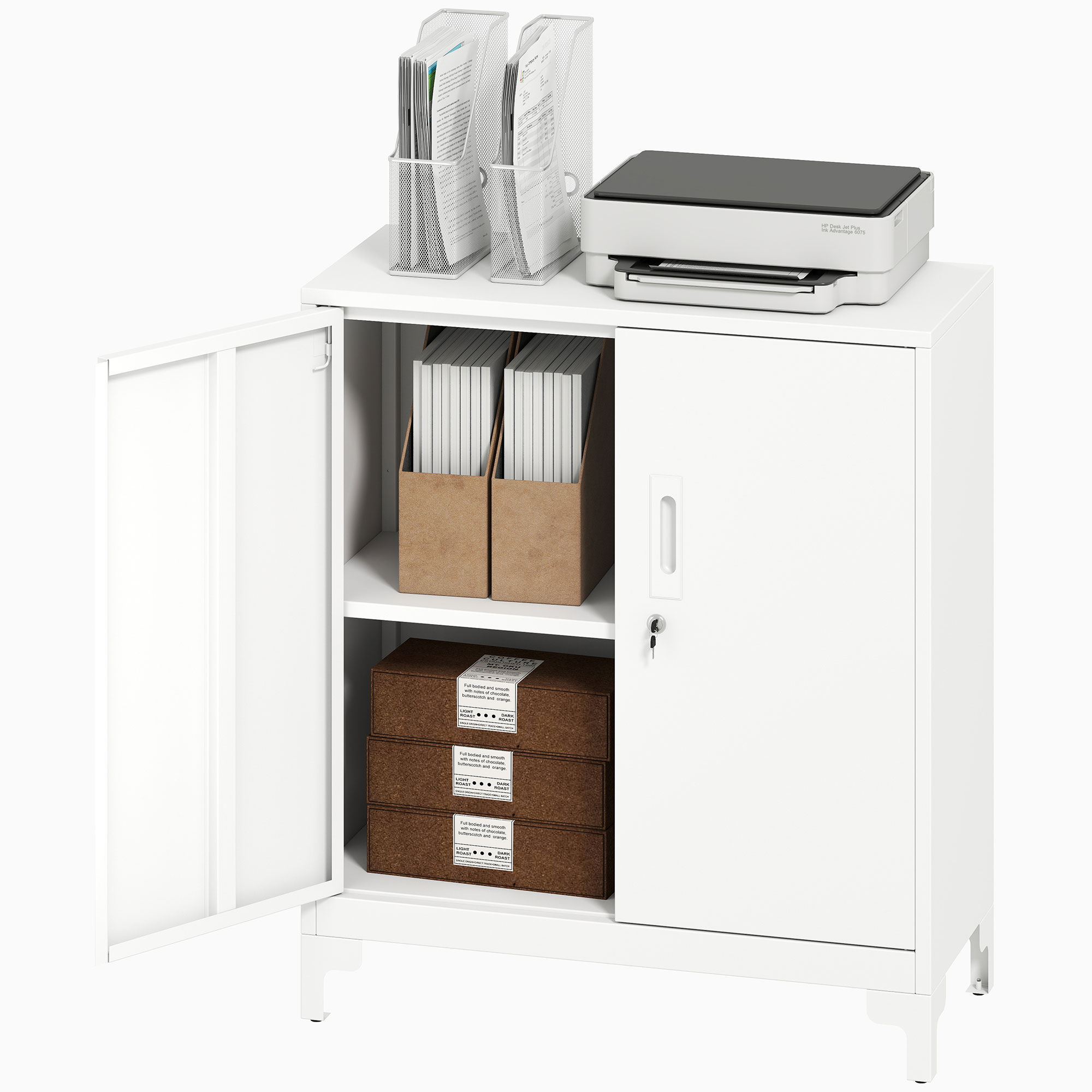 Büroschrank aus Metall, verschließbare Türen, Bürokommode, 2-stufiges Design, Weiß