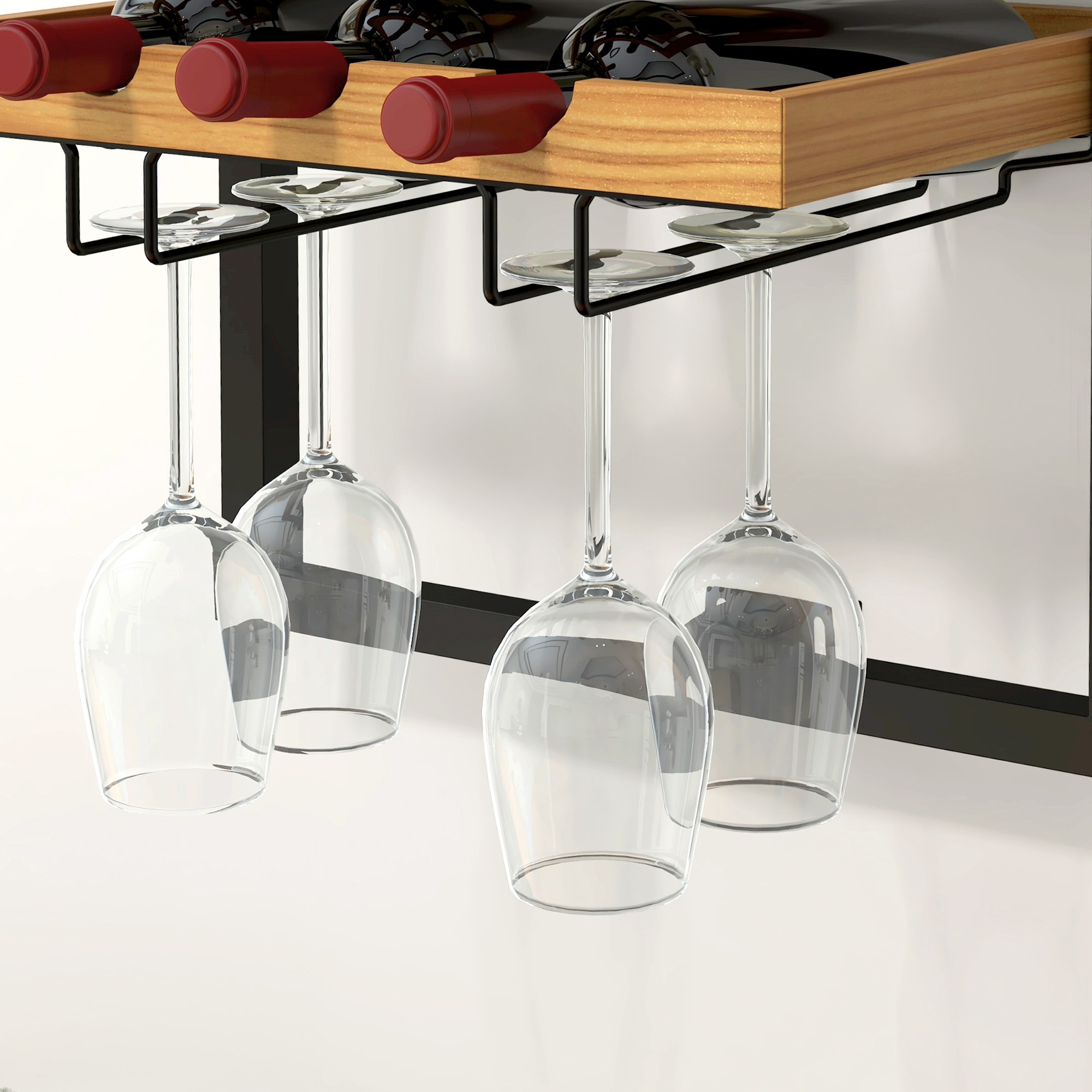 Wand-Weinregal, 5 Ebenen, Flaschenhalter, Gläserhalter, Kiefernholz, Stahl, Hausbar, Küche, Wohnzimmer, Braun