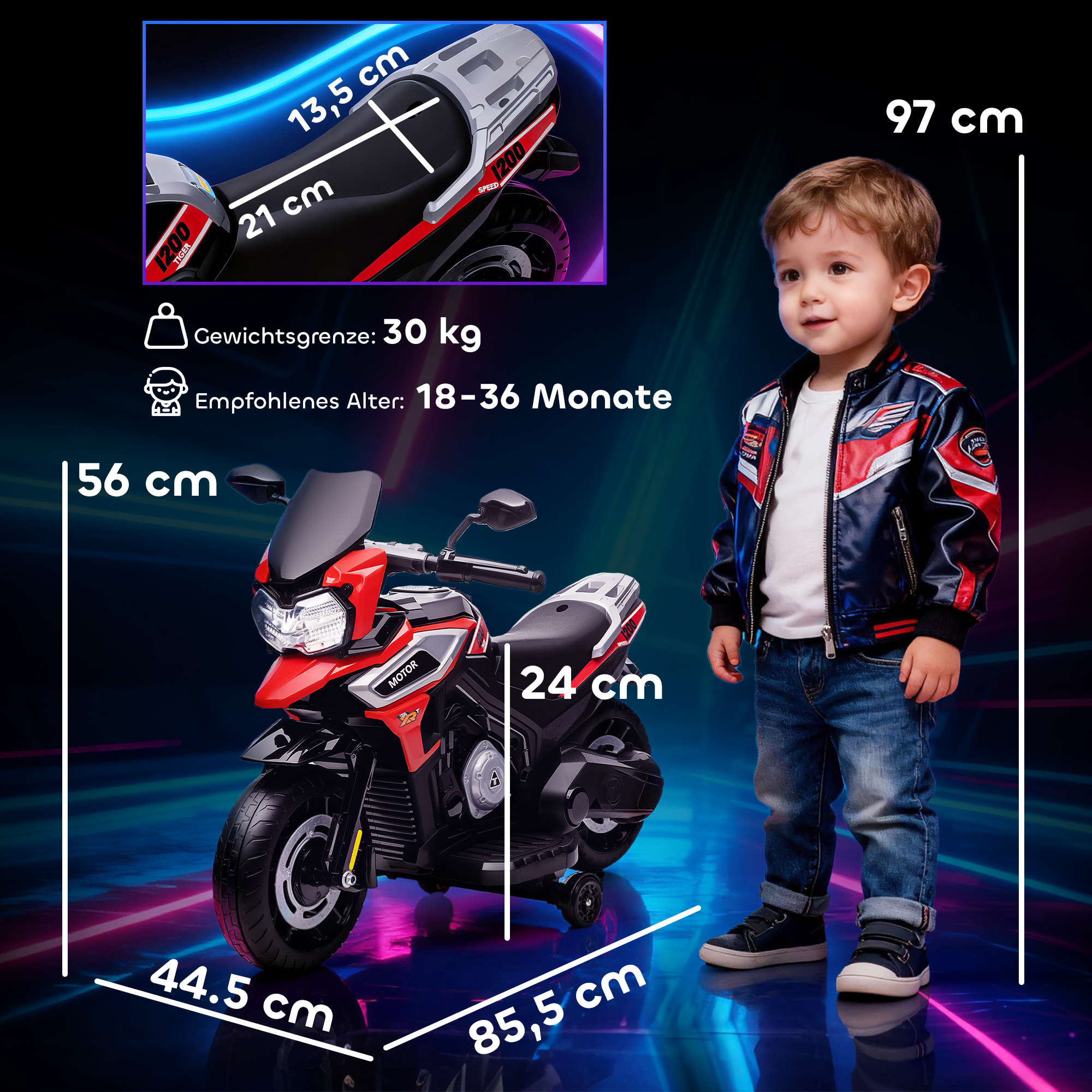 Elektro-Motorrad für Kinder von 18-36 Monaten, Aufsitz-Fahrzeug, Hilfsräder, Lichter, Musik, Kunststoff, Stahl, Rot