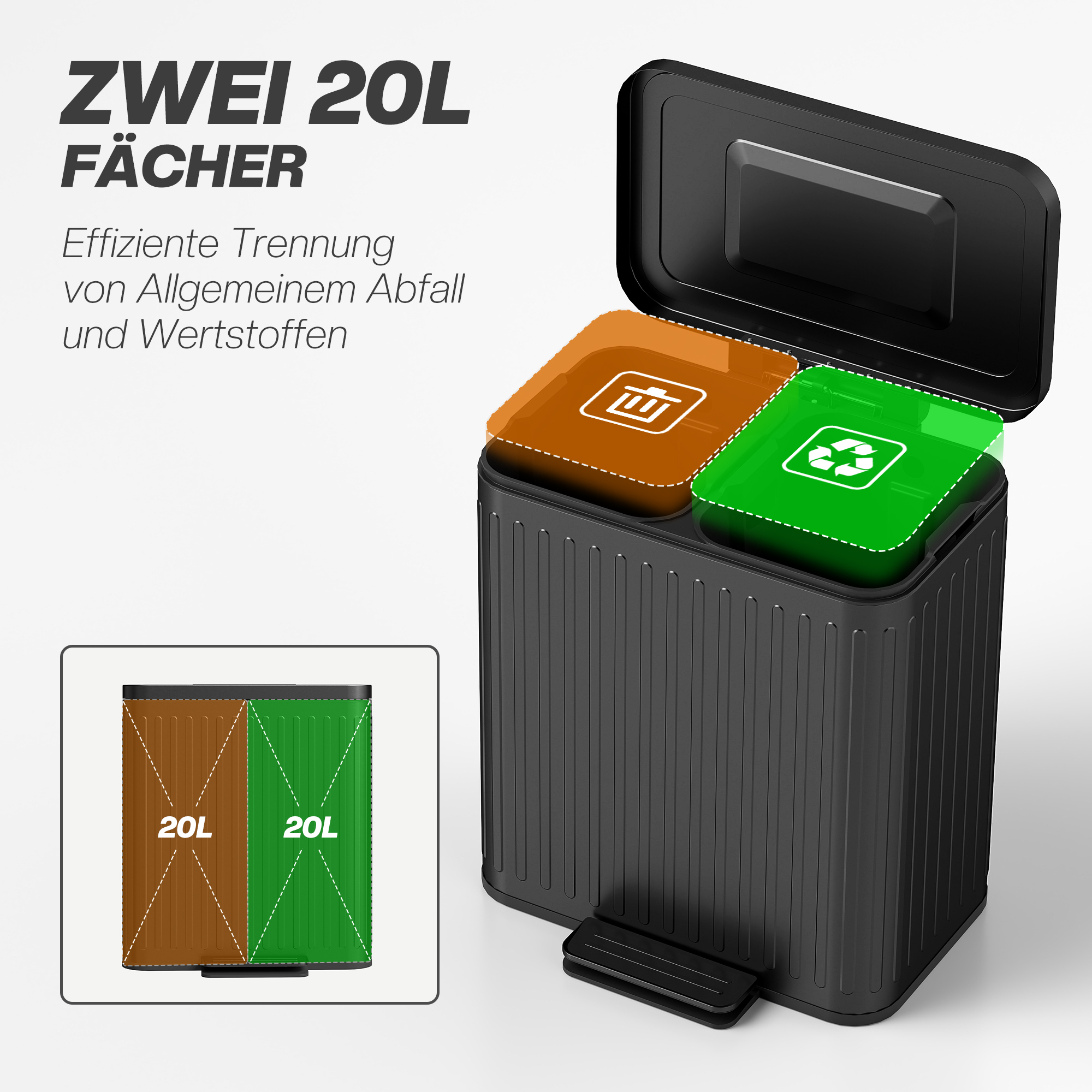 Küchenmülleimer, 2x 20l-Fächer, effiziente Mülltrennung, Fußpedal, Kunststoff, Metall, Schwarz