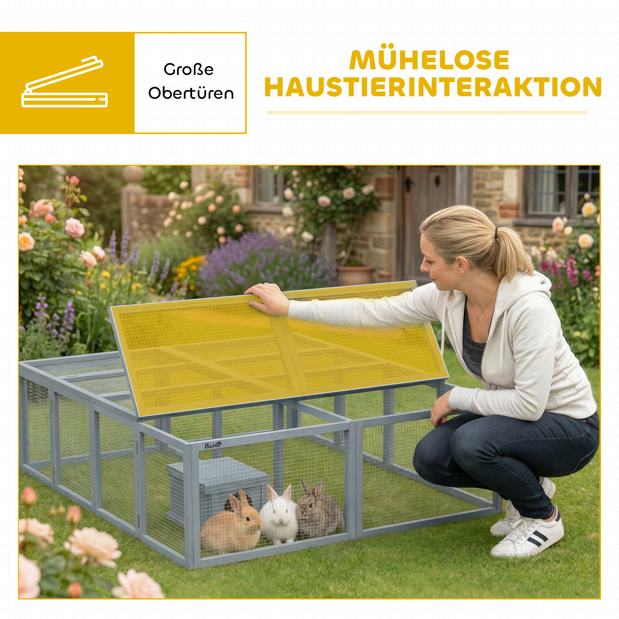 Freilaufgehege Kaninchenstall aus Holz mit 2 Türen Unterschlupfhaus für 2-4 Zwergkaninchen 180,4 x 150 x 48 cm Grau