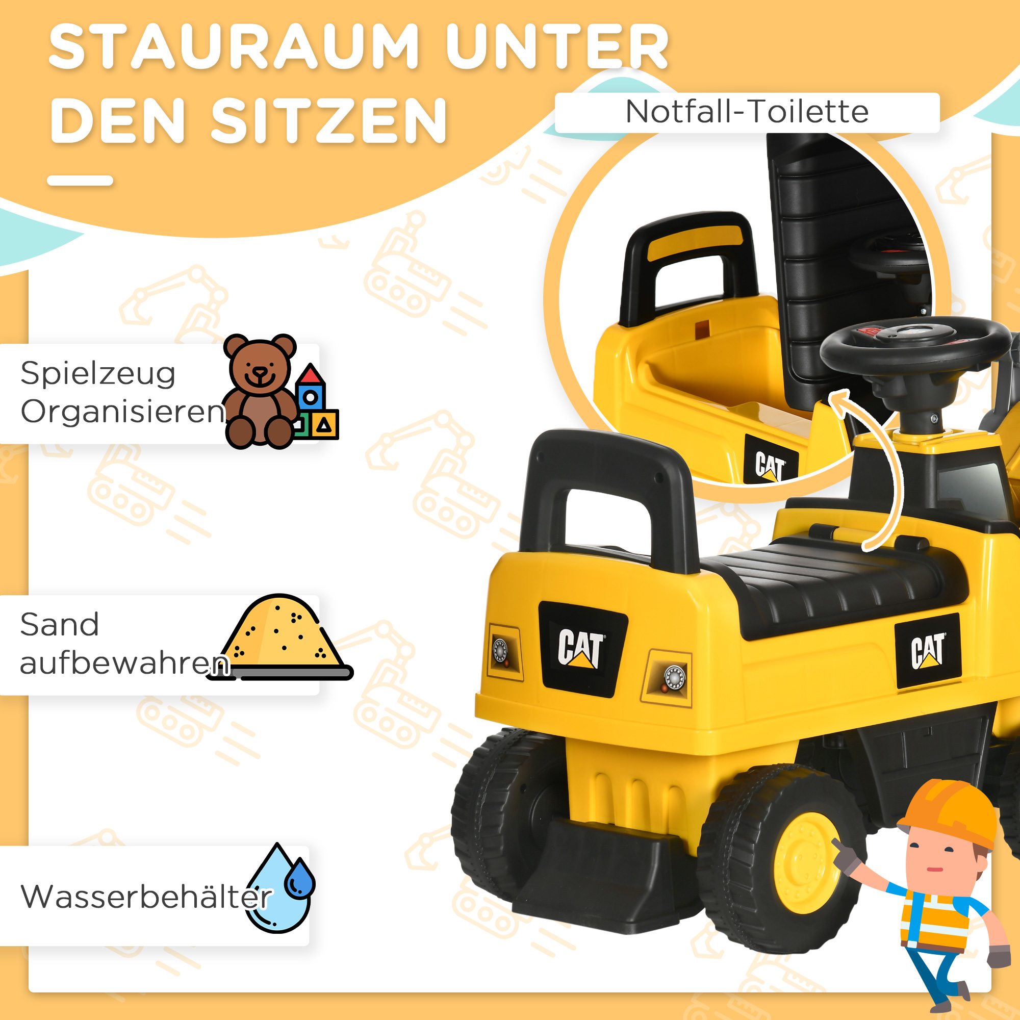 Kinderbagger, Rutscher, bedienbare Baggerschaufel, Kippschutz, rutschfeste Räder, gelb+schwarz, 78 x 29,5 x 54 cm