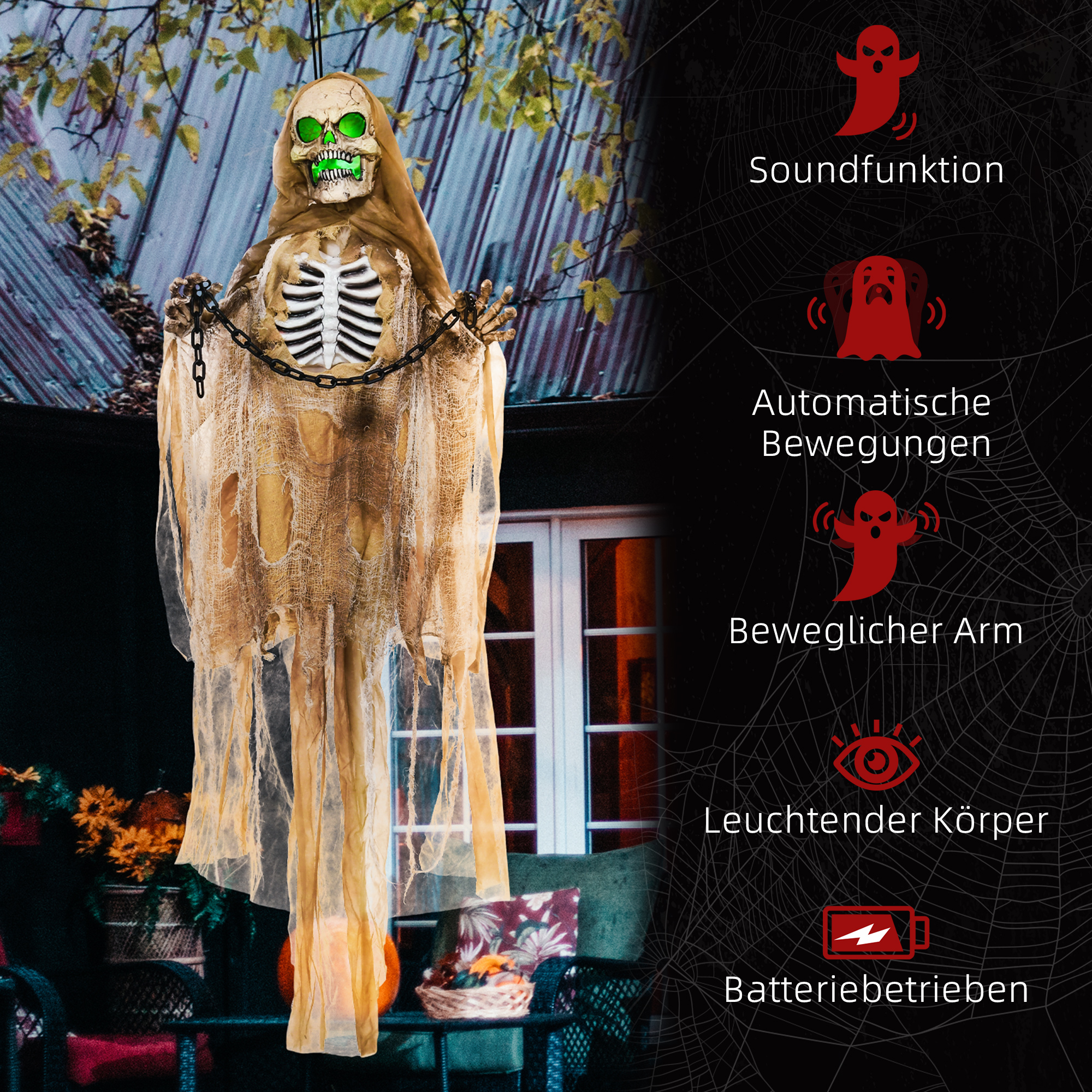 Halloweendekoration, Hängendes Skelett, leuchtender Kopf, unheimliches Heulen, biegsame Arme, Khaki