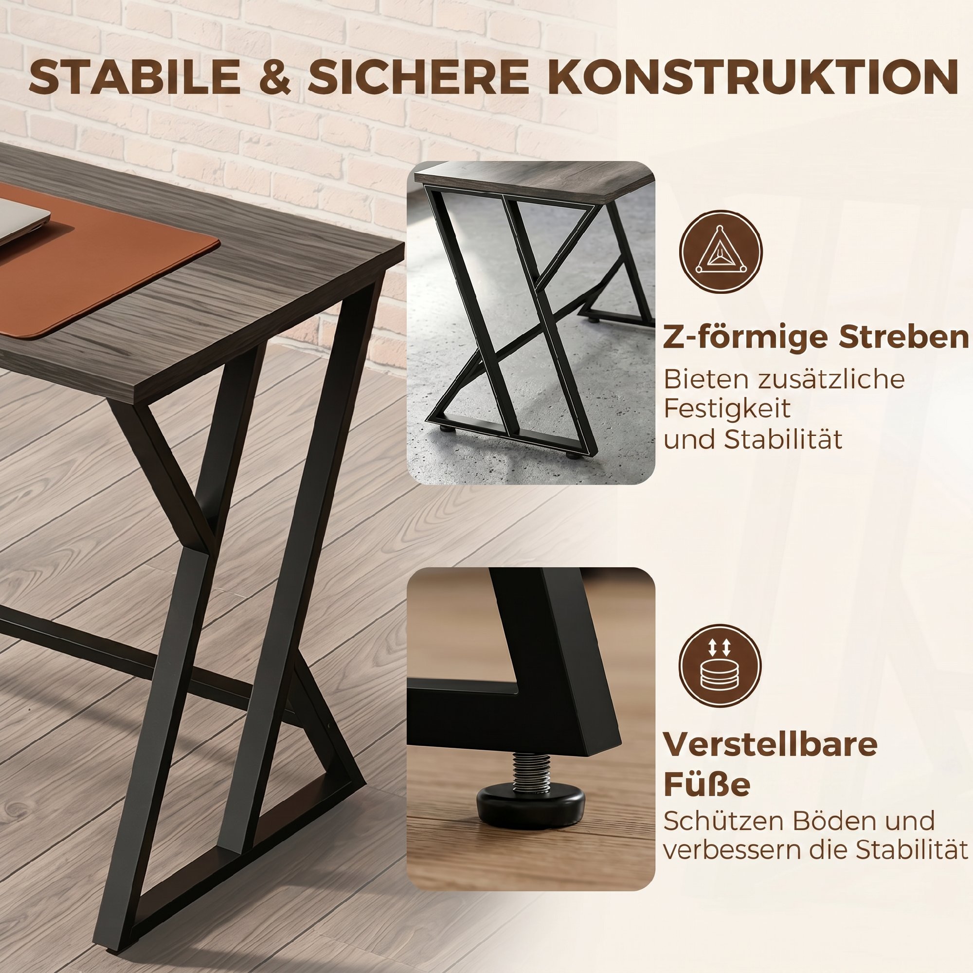 Schreibtisch Computertisch 120x60cm Bürotisch mit Z-förmigem Metallfuß, Holzoptik, Industriedesign für Büro, Grau