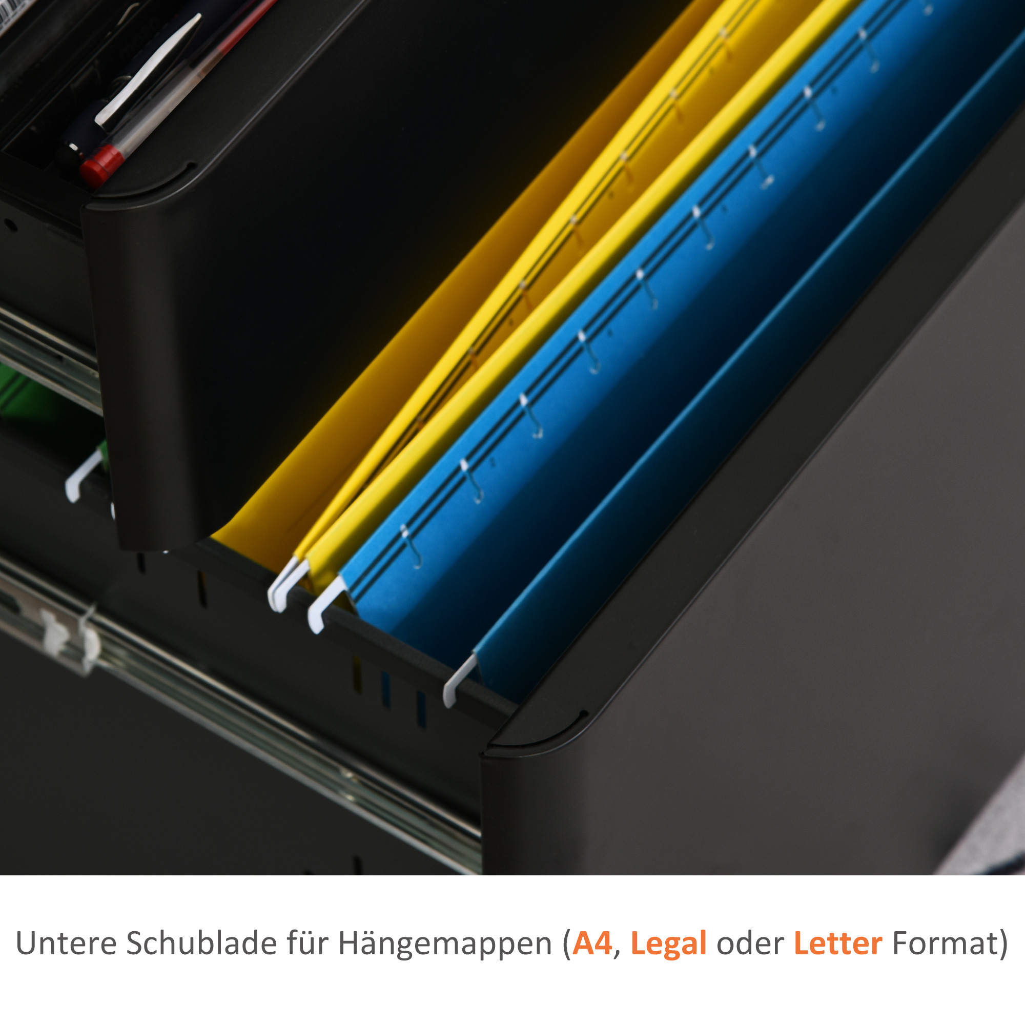 Rollcontainer, mobiler Aktenschrank mit 3 Schubladen, abschließbarer Büroschrank mit Hängeregistratur, Aufbewahrung, Stahl, 39 x 48 x 59 cm Schwarz