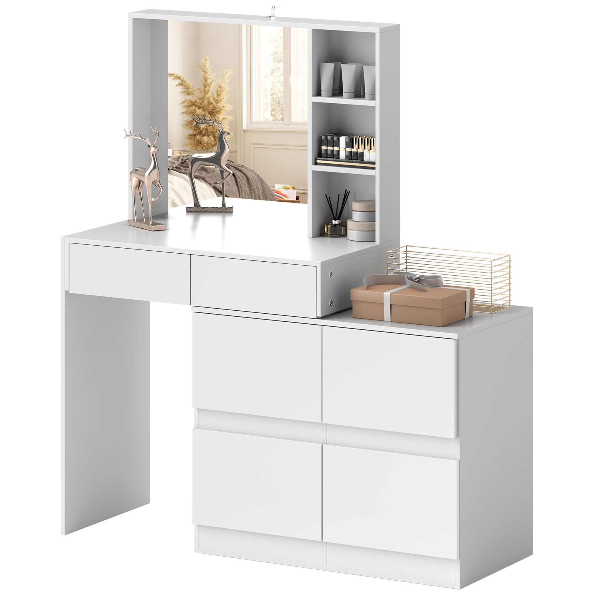 Schminktisch, Make-up-Tisch mit großem Spiegel, 4 Schubladen, 3 offene Fächer, 2 Schränke, MDF, Weiß
