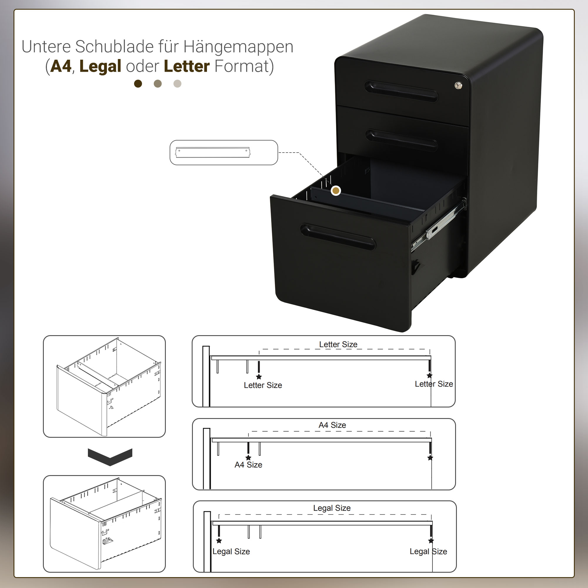 Rollcontainer mit 3 Schubladen mobiler Aktenschrank mit Rollen abschließbar Büroschrank mit Hängeregistratur Stiftfach, Bürocontainer Schreibtisch Unterschrank für Büro 39x48x59cm Schwarz